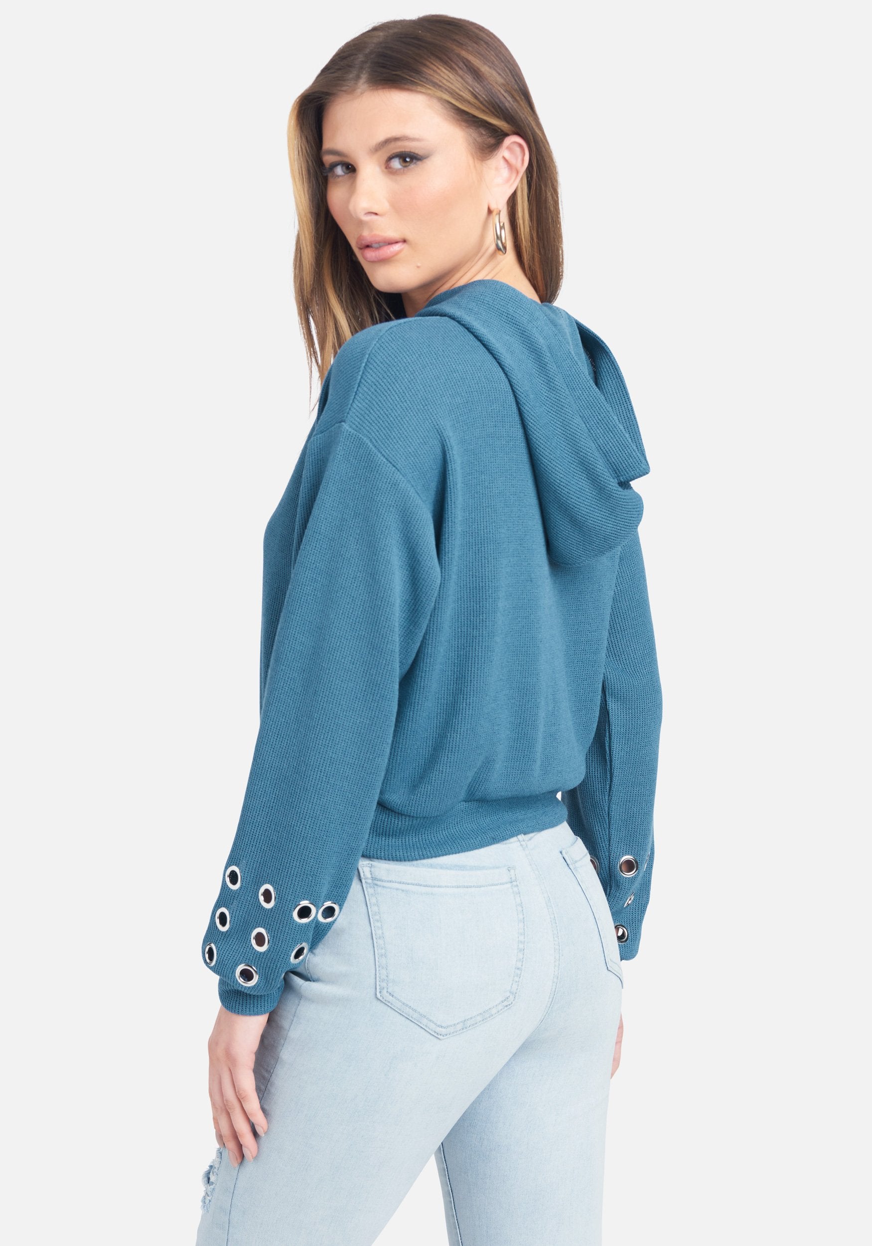 Grommet Detail Hooded Crop Sweater