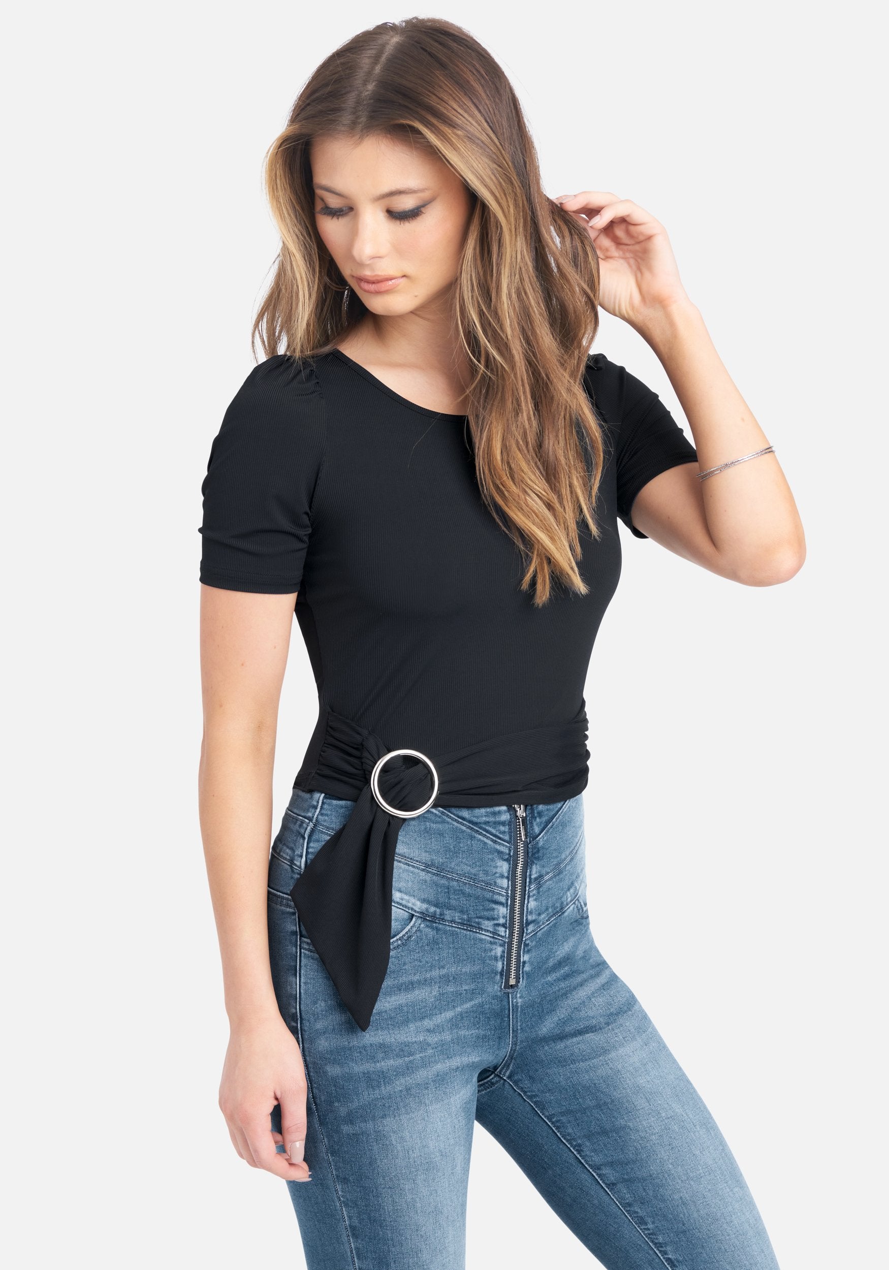 Belted Waist Rib Knit Top