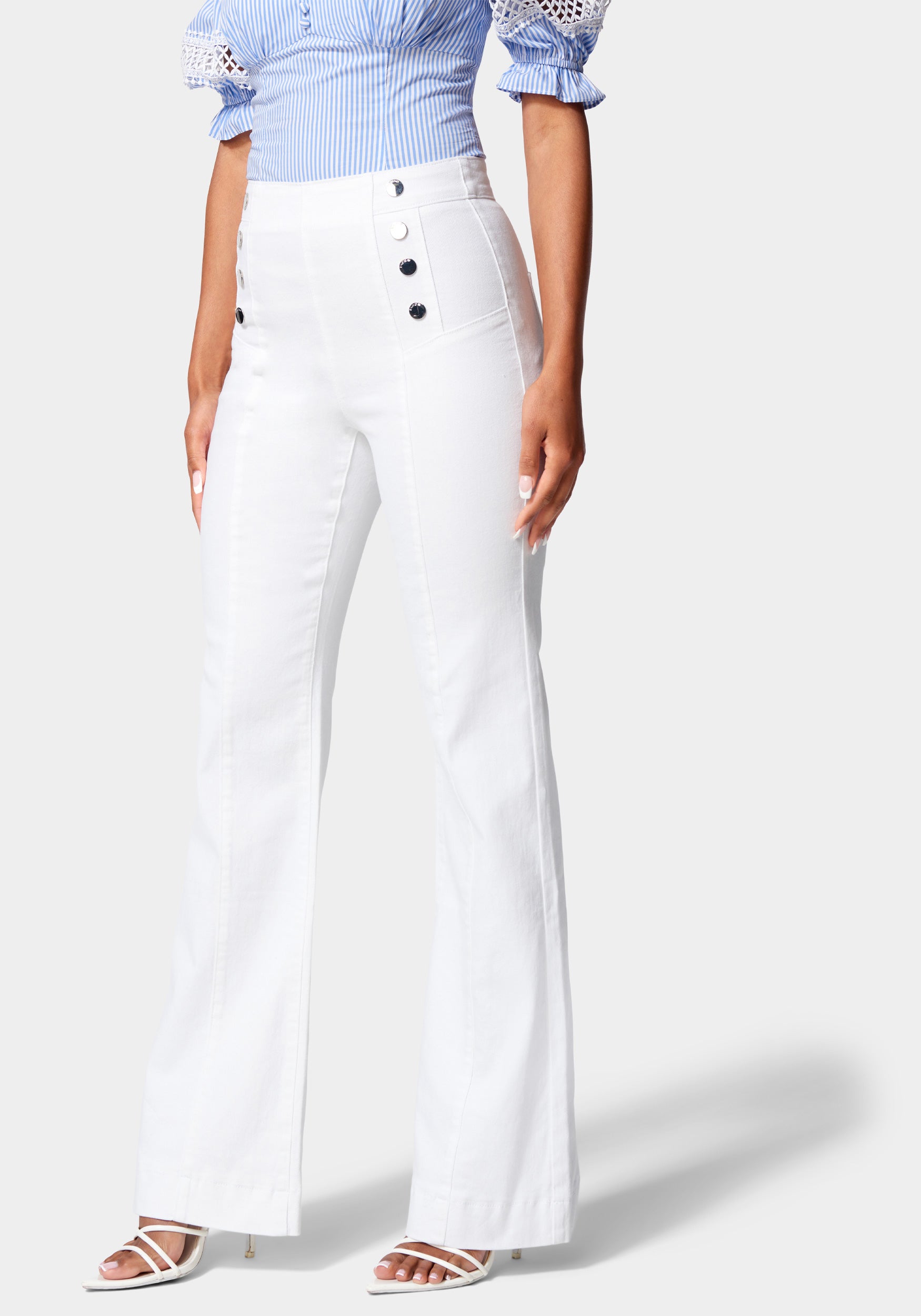 High Waist Button Detail Wide Leg Denim Jeans