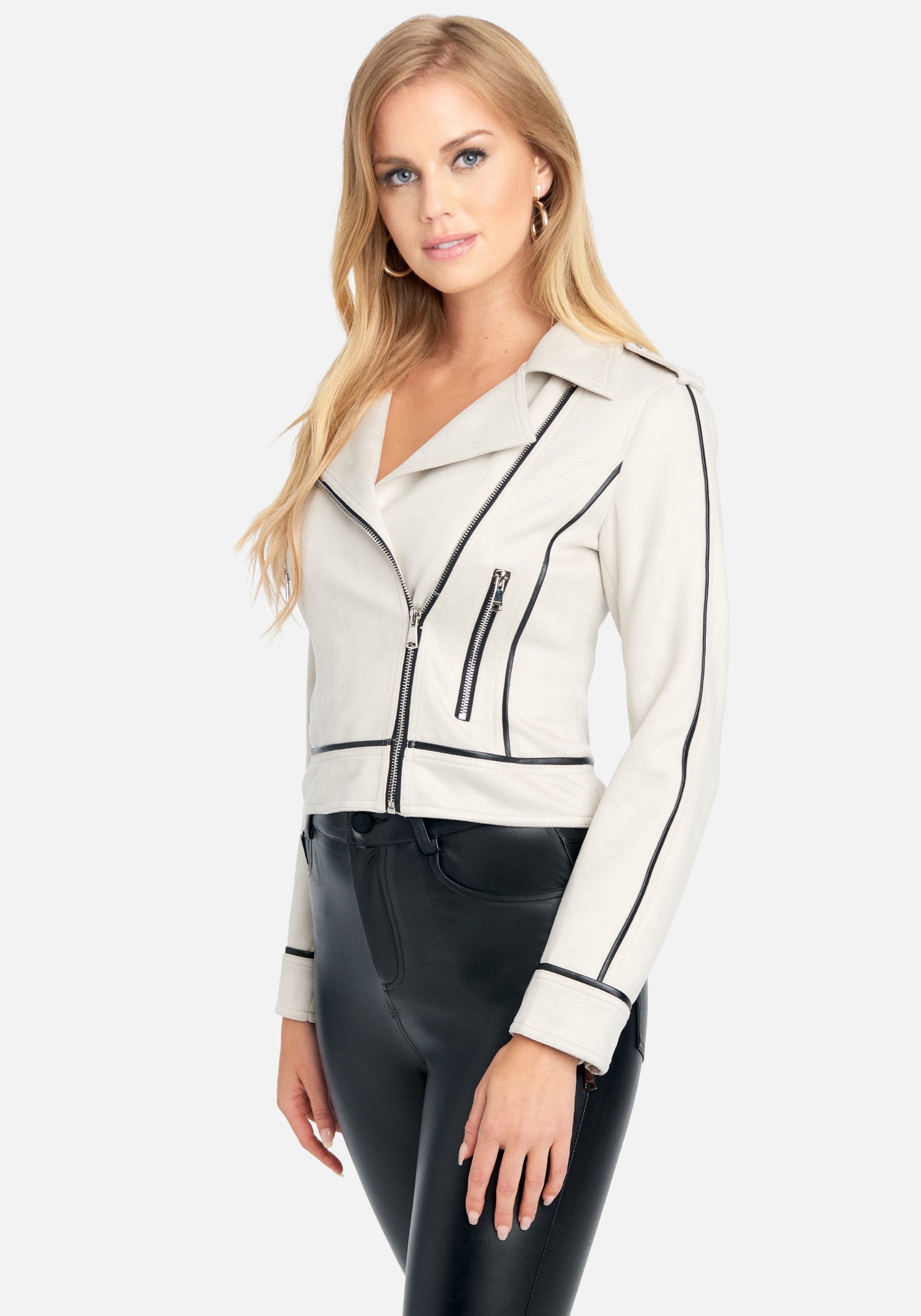 Vegan Suede Piping Detail Moto Jacket