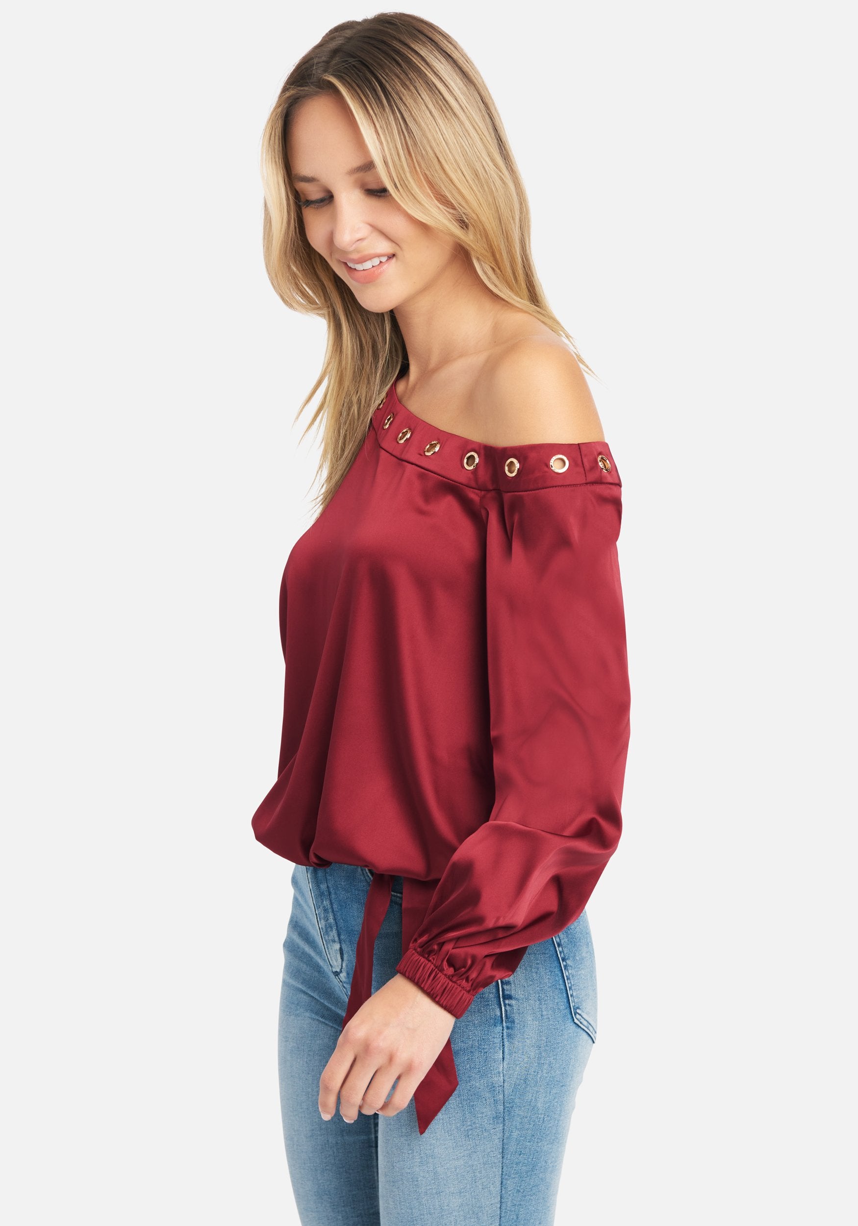 Off Shoulder Grommet Detail Satin Blouse