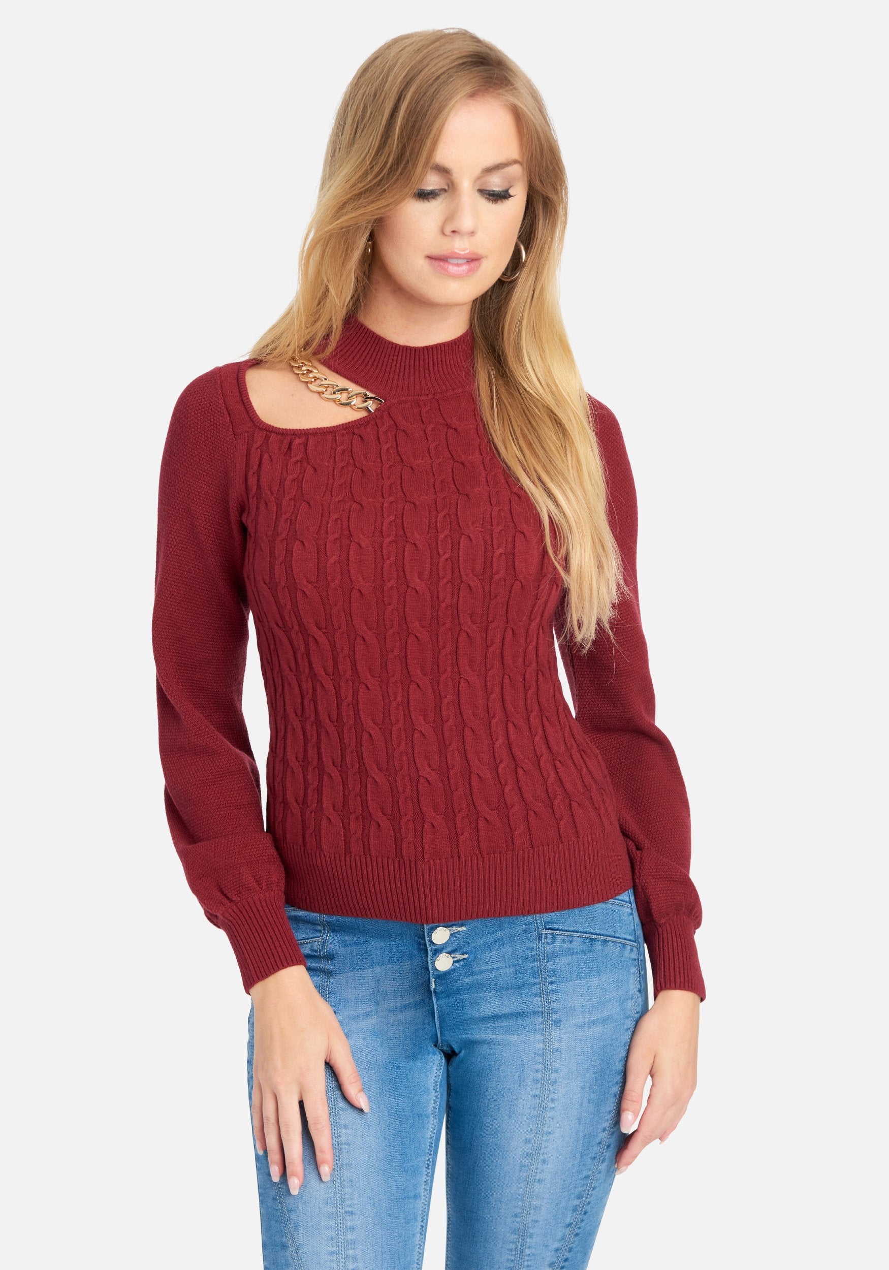 Chain Detail Mock Neck Cable Sweater