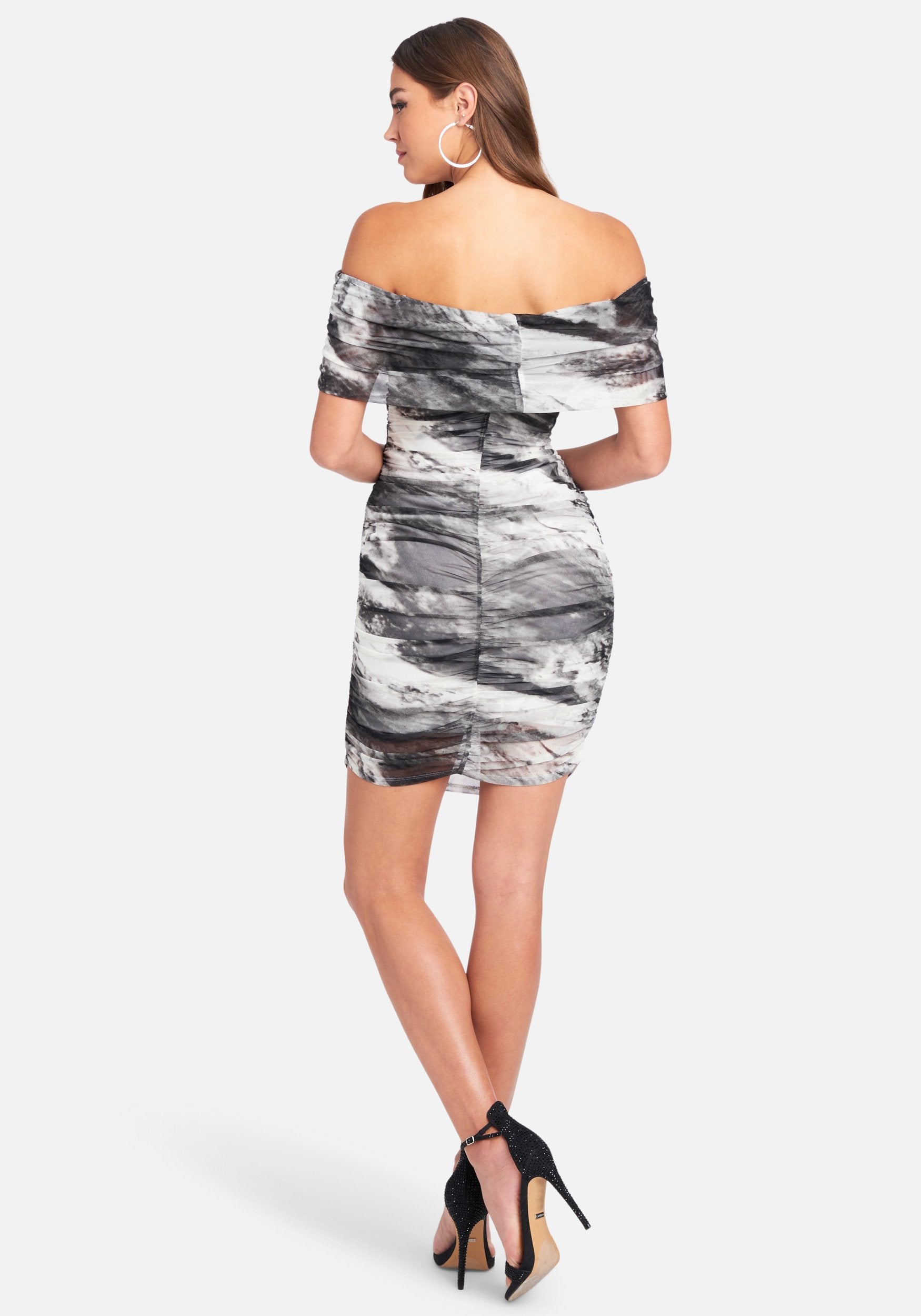 Off Shoulder Ruch Bodycon Mesh Marble