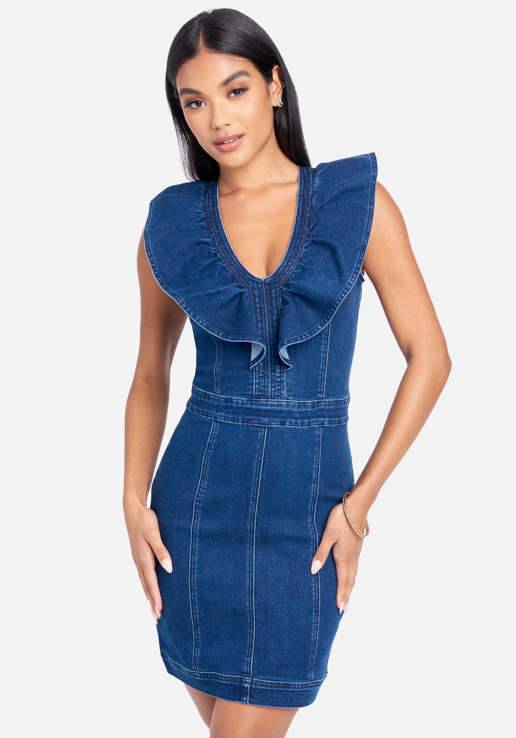 V Neck Cascade Sleeve Denim Dress