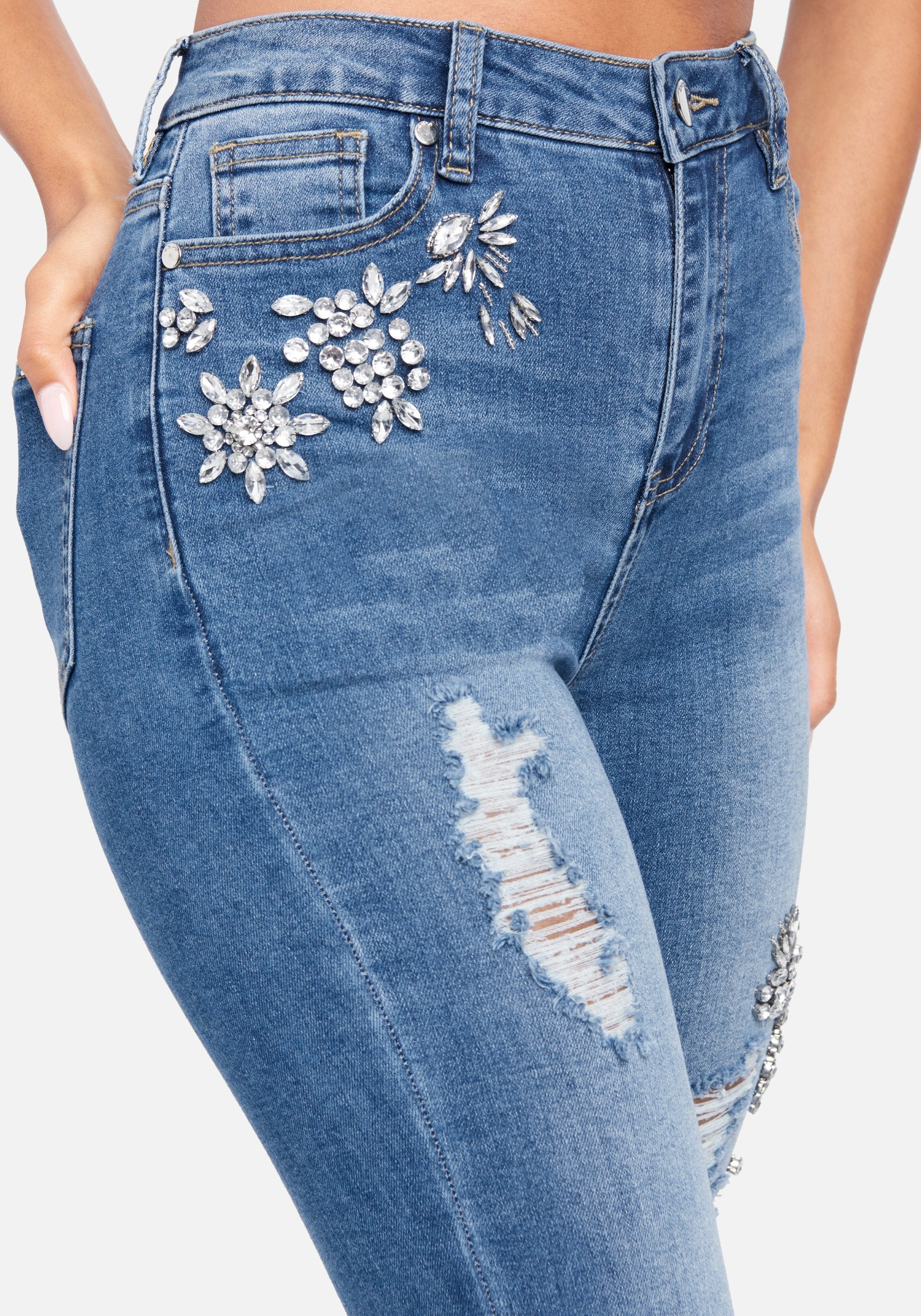 Rhinestone Detail High Waist Skinny Leg Jeans