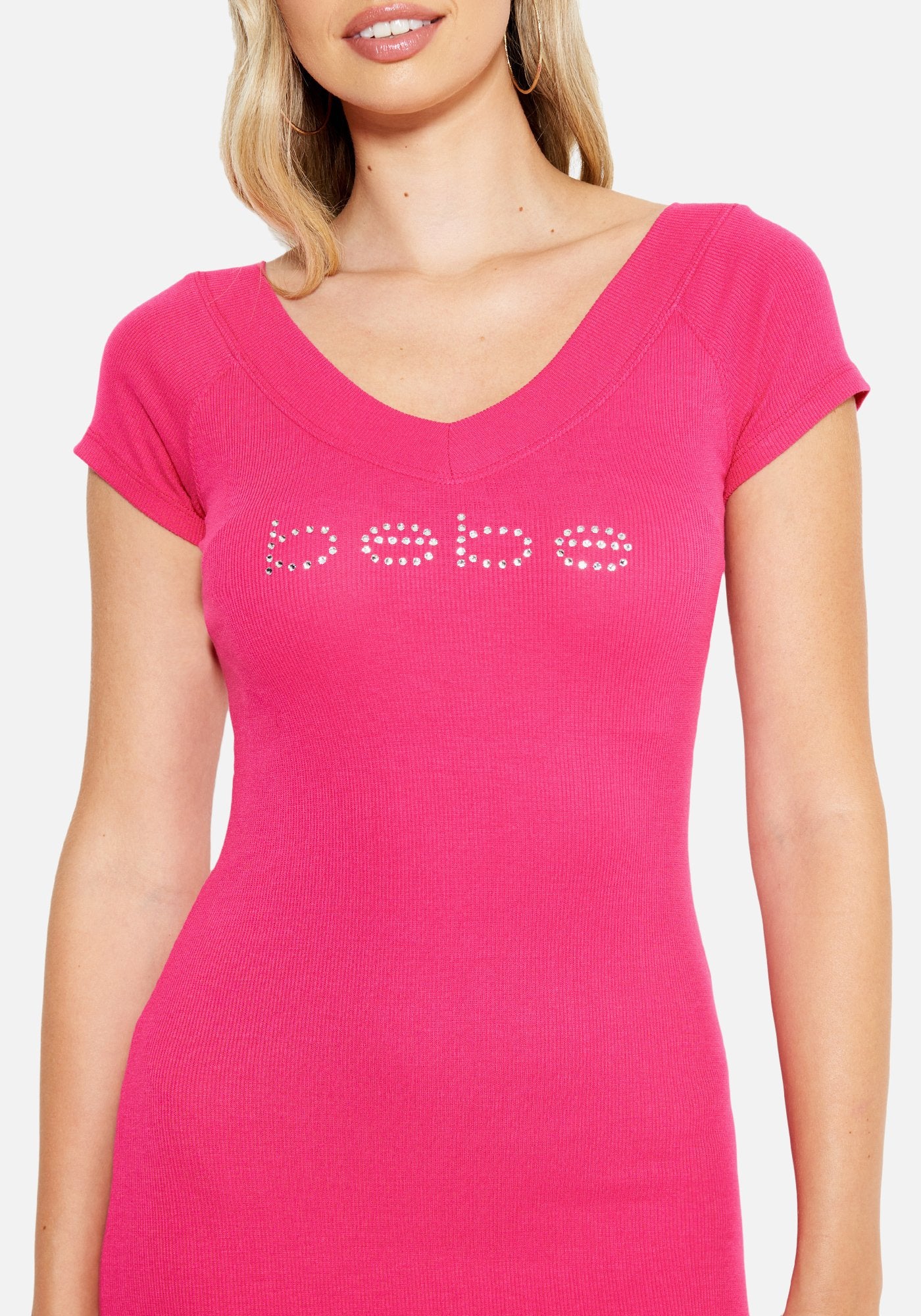 Crystal Logo Short Sleeve Double V-Neck Dress