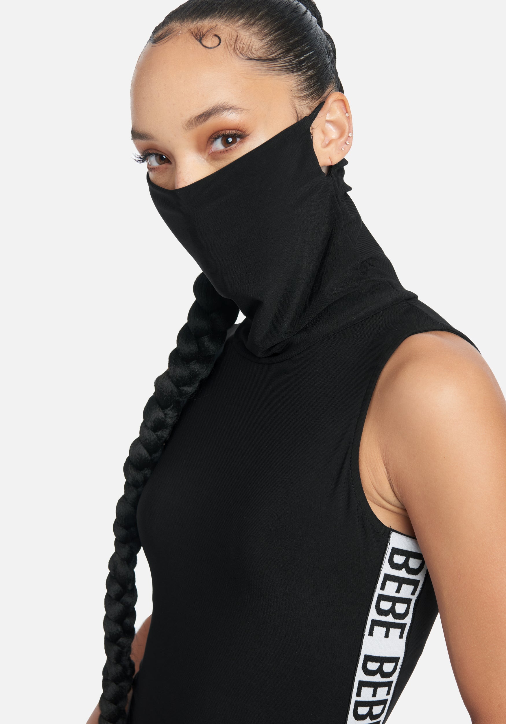 Bebe Logo Sleeveless Mock Neck Dress