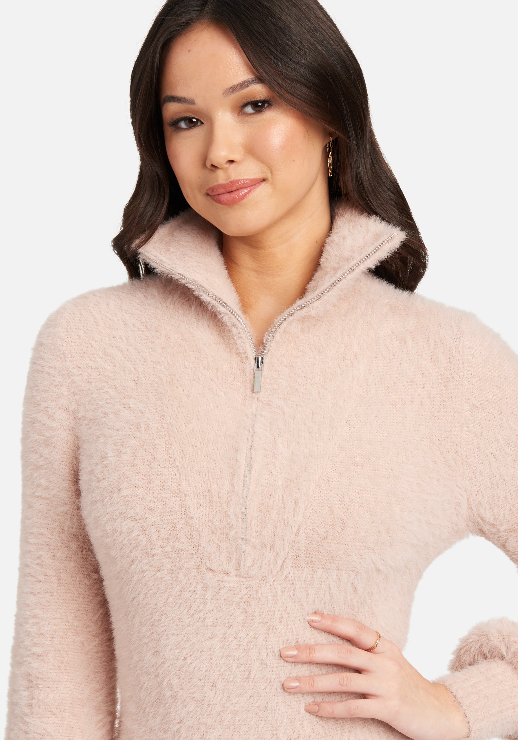 Zip Detail Collar Soft Fuzzy Sweater Top