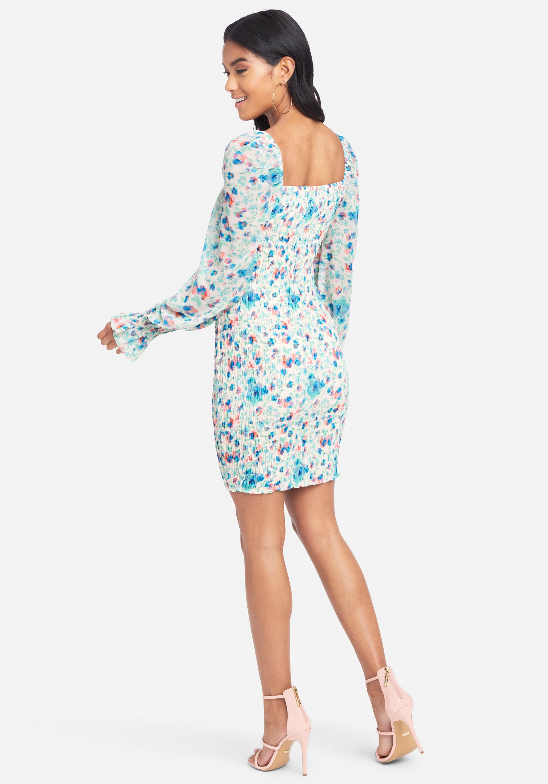 Puff Sleeve Smocked Printed Chiffon Dress