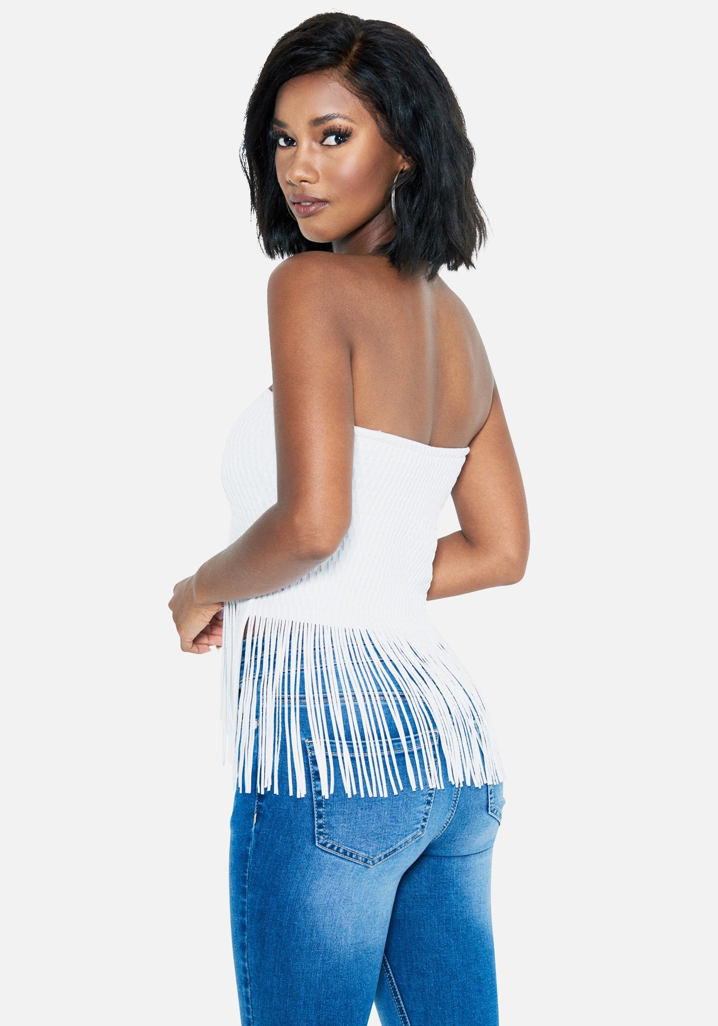 Strapless Fringe Knit Top