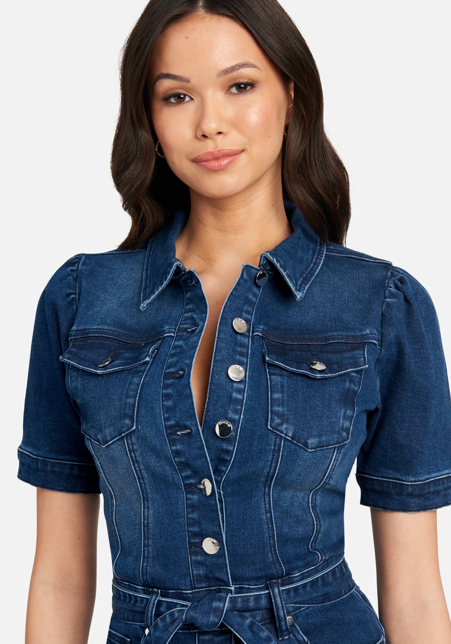 Button Front Slim Leg Denim Jumpsuit