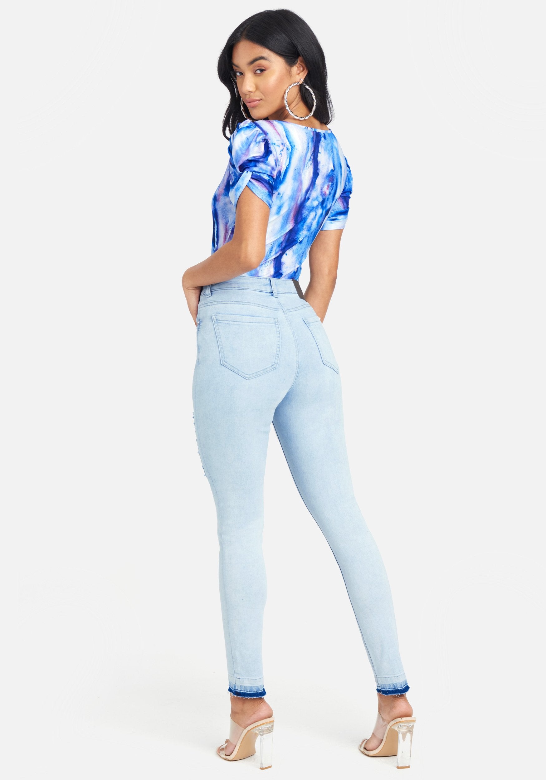 High Waisted Distressed Rhinestone Skinny Jeans