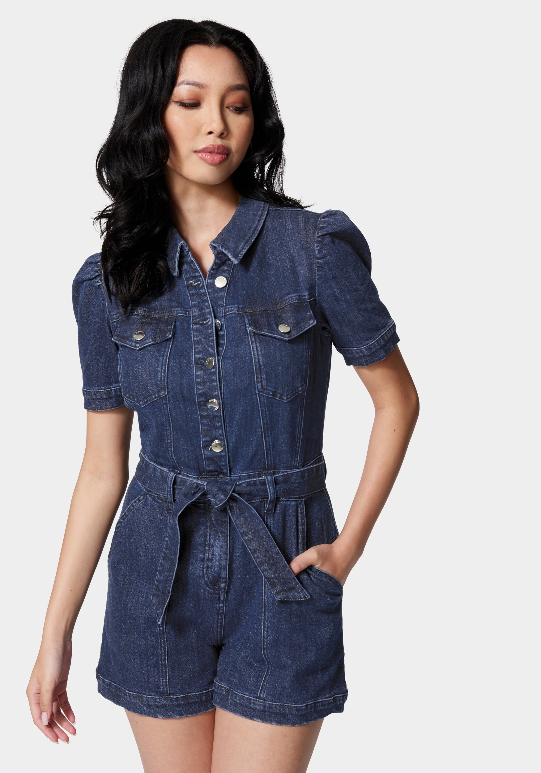 Button Front Short Sleeve Cuffed Denim Romper