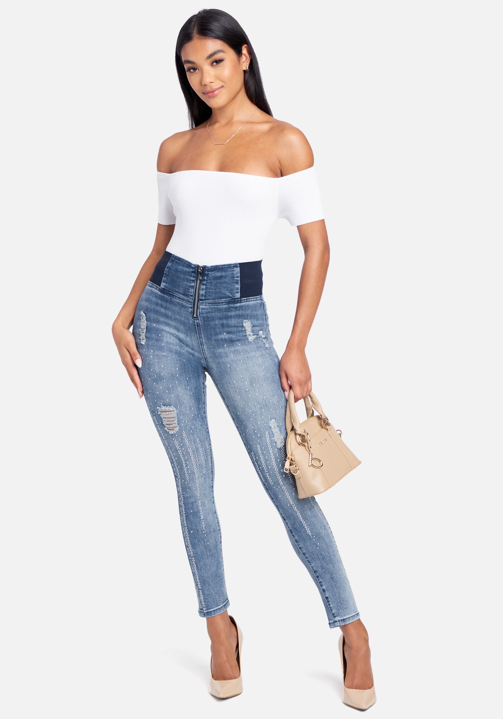 High Waist Elastic Embelished Front Leg Skinny Jeans