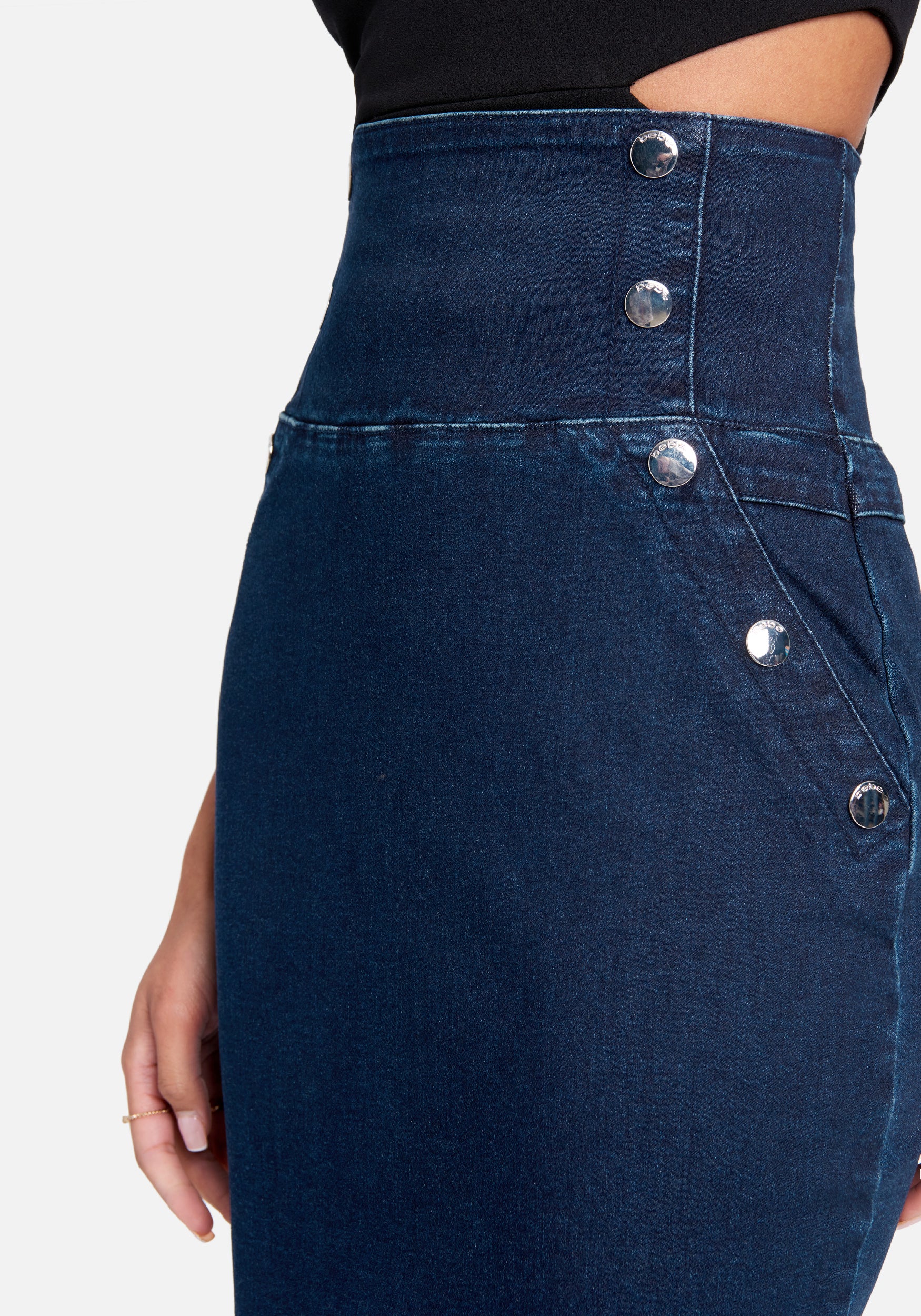 High Waist Snap Front Detail Zip Back Pencil Denim Skirt