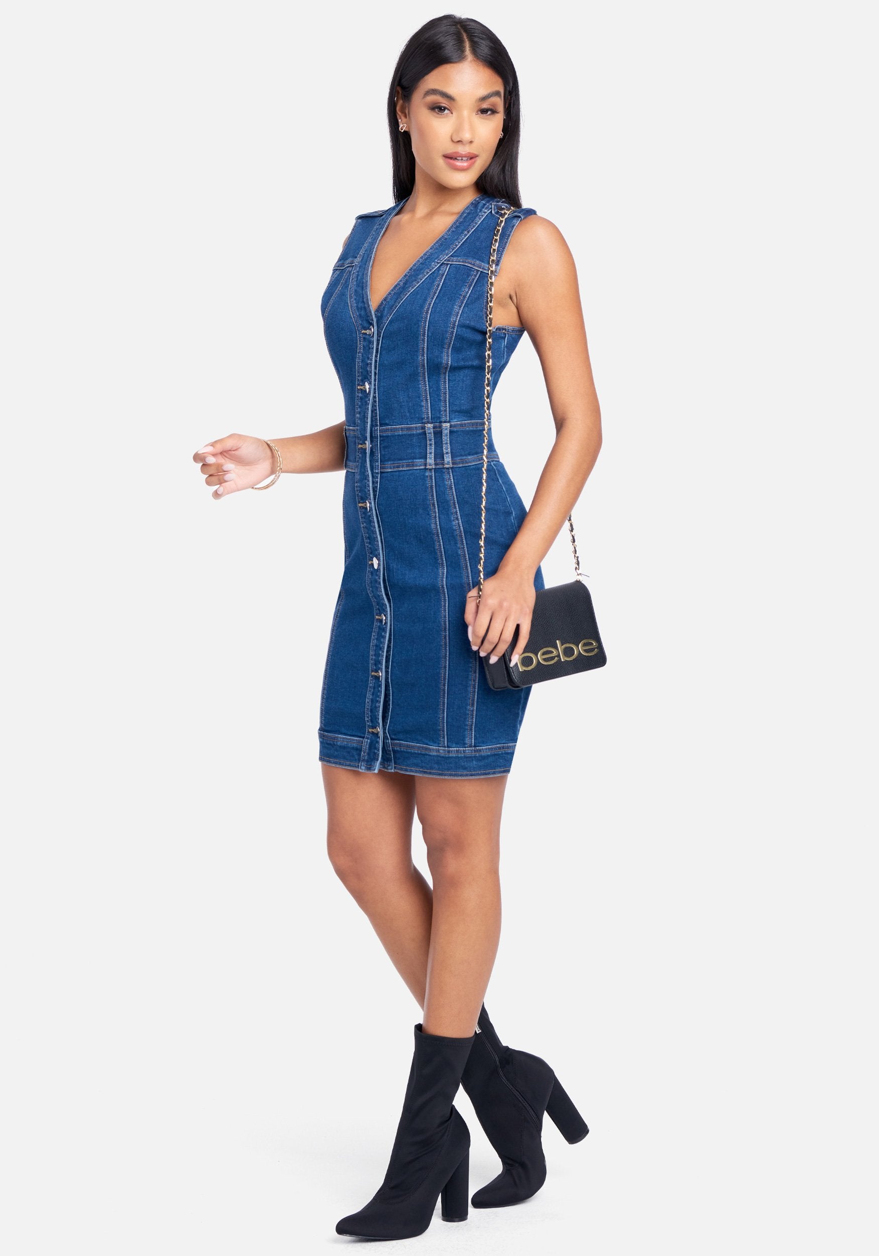 Button Down Multi Seam Denim Dress