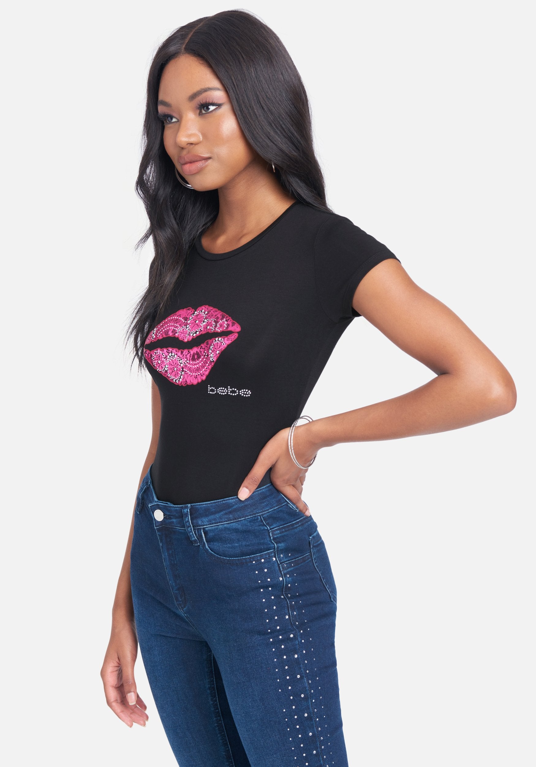 Bebe Logo Rhinestone Lip Print Tee