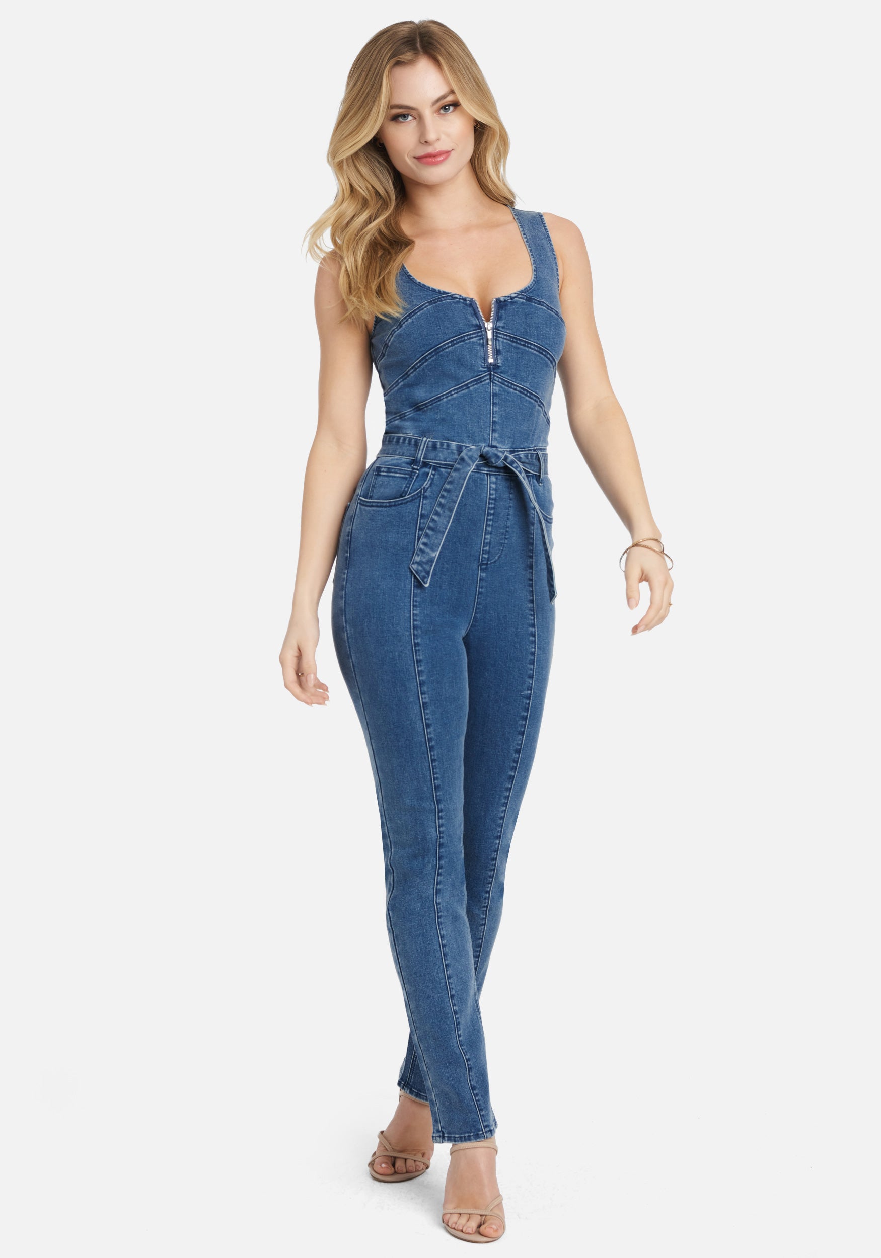 Multi Seam Zip Front Self Tie Slim Leg Denim Jumpsuit