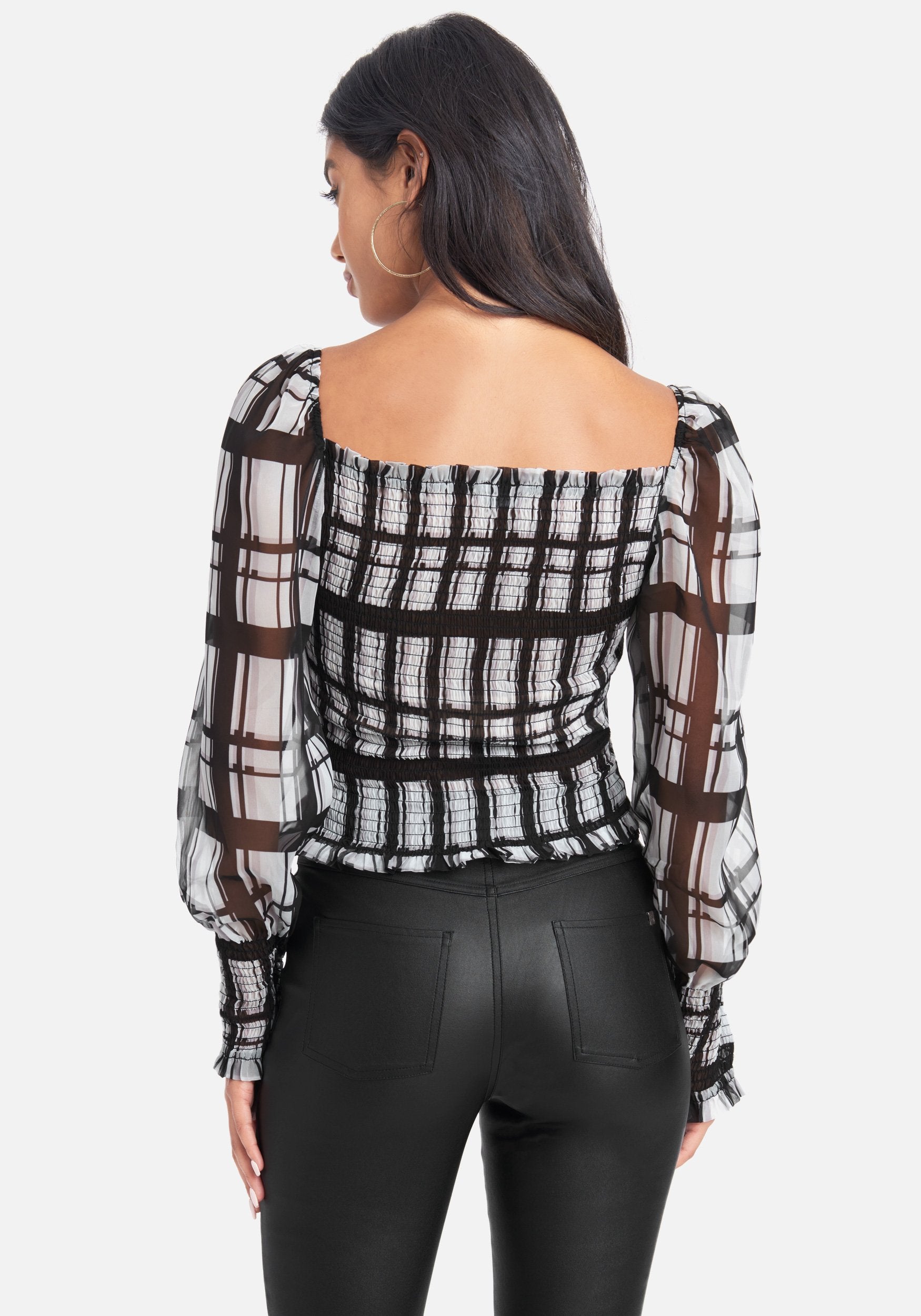 Houndstooth Blouson Smocked Top