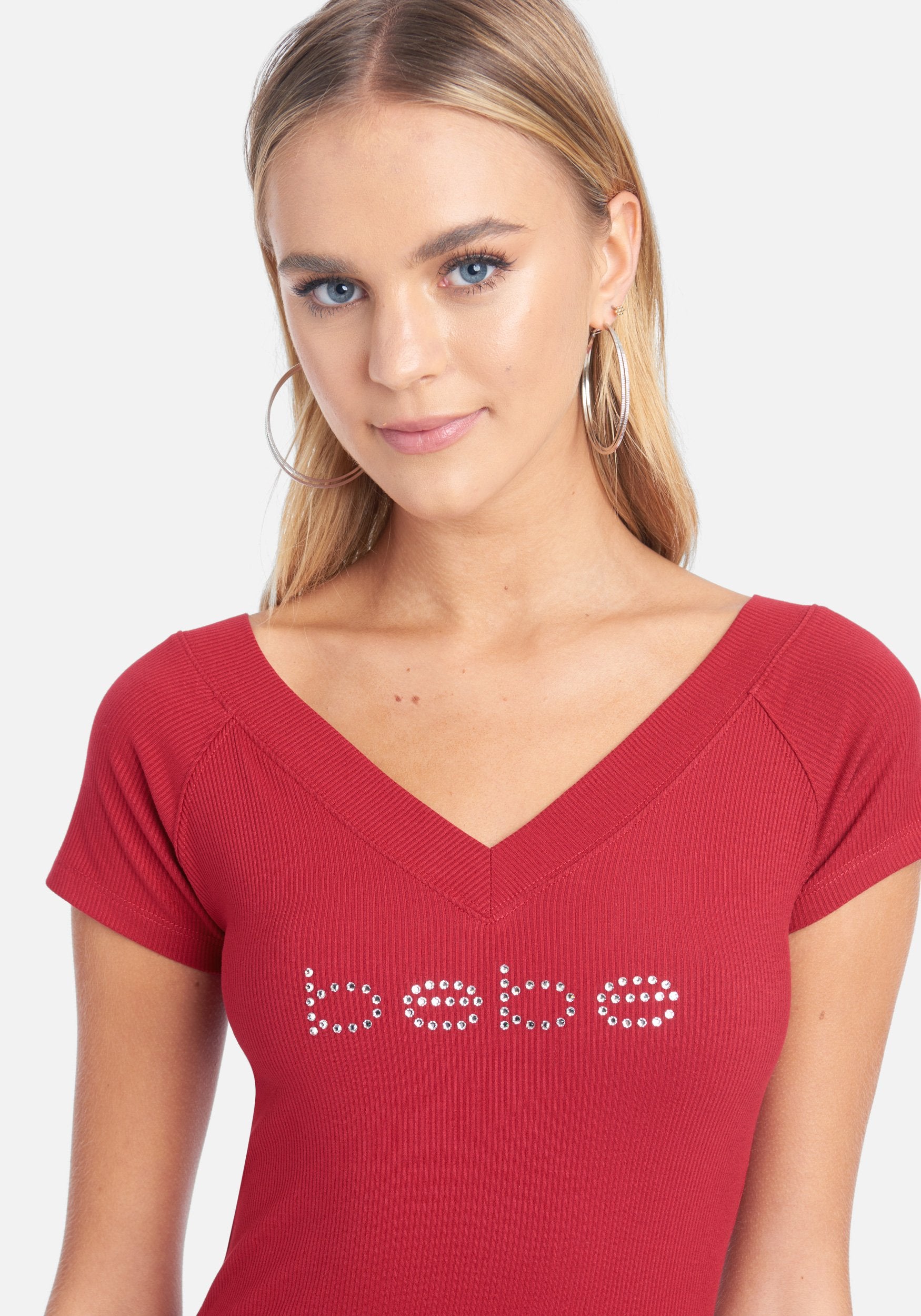 Crystal Logo Short Sleeve Double V-Neck Dress