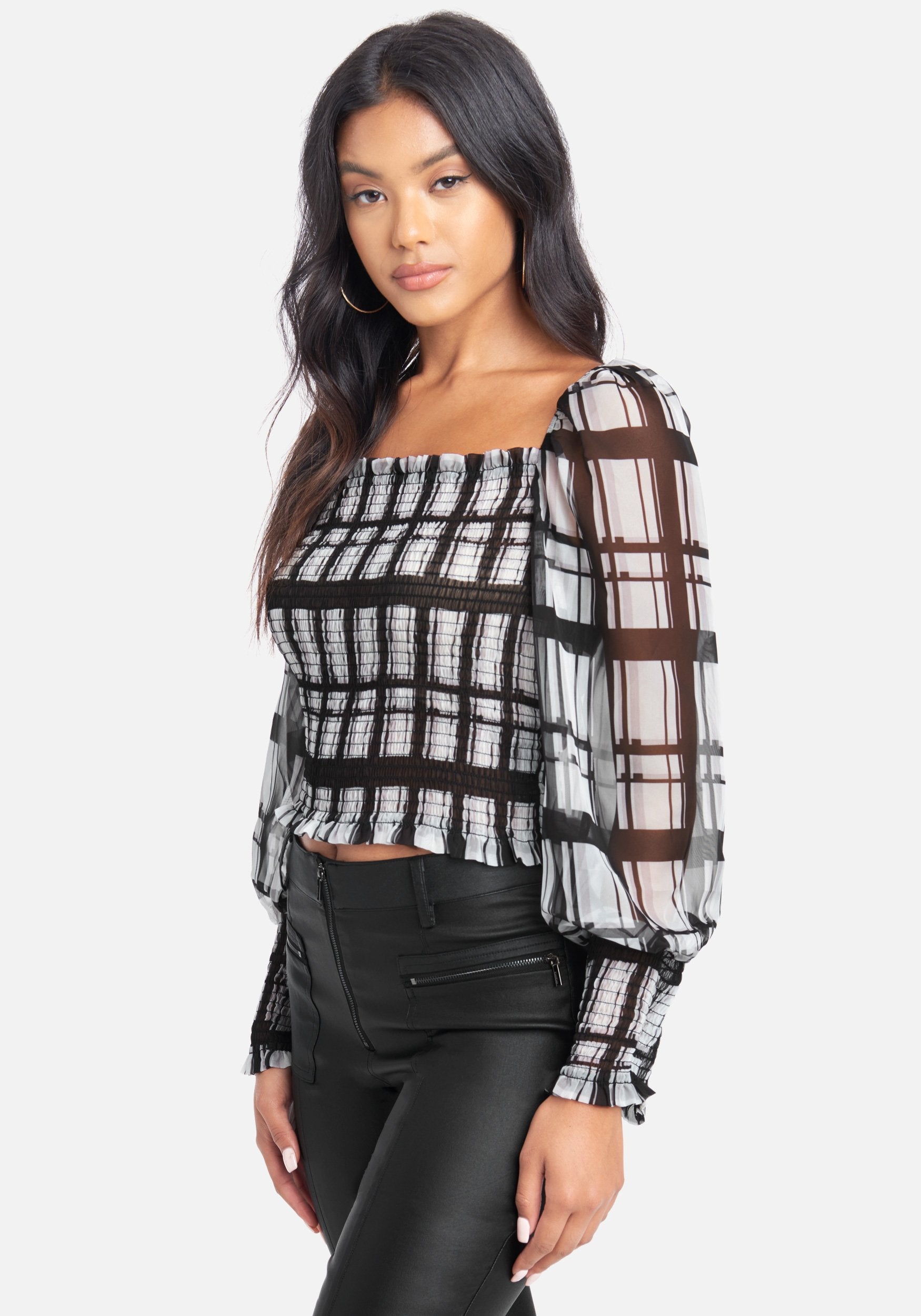 Houndstooth Blouson Smocked Top