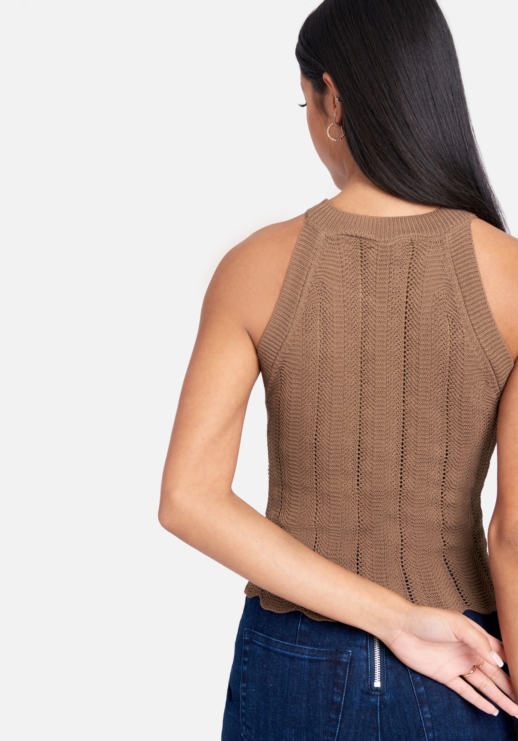 Scallop Hem Pointelle Sweater Halter Top