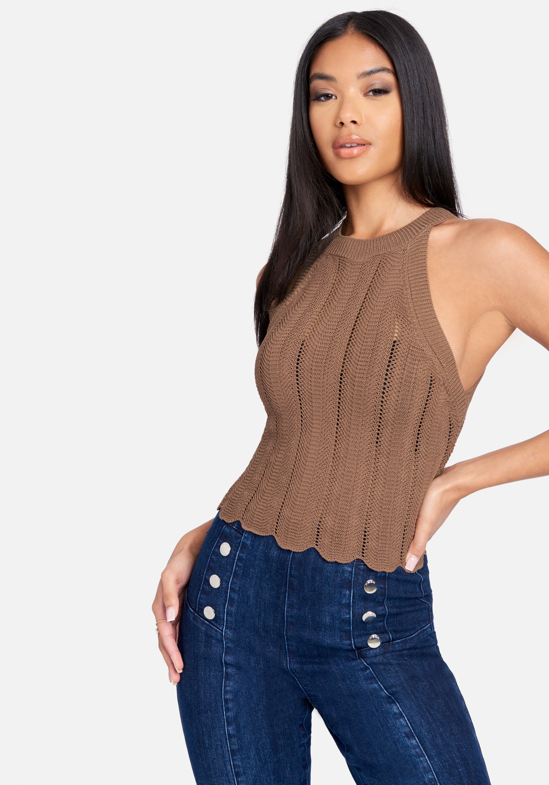 Scallop Hem Pointelle Sweater Halter Top