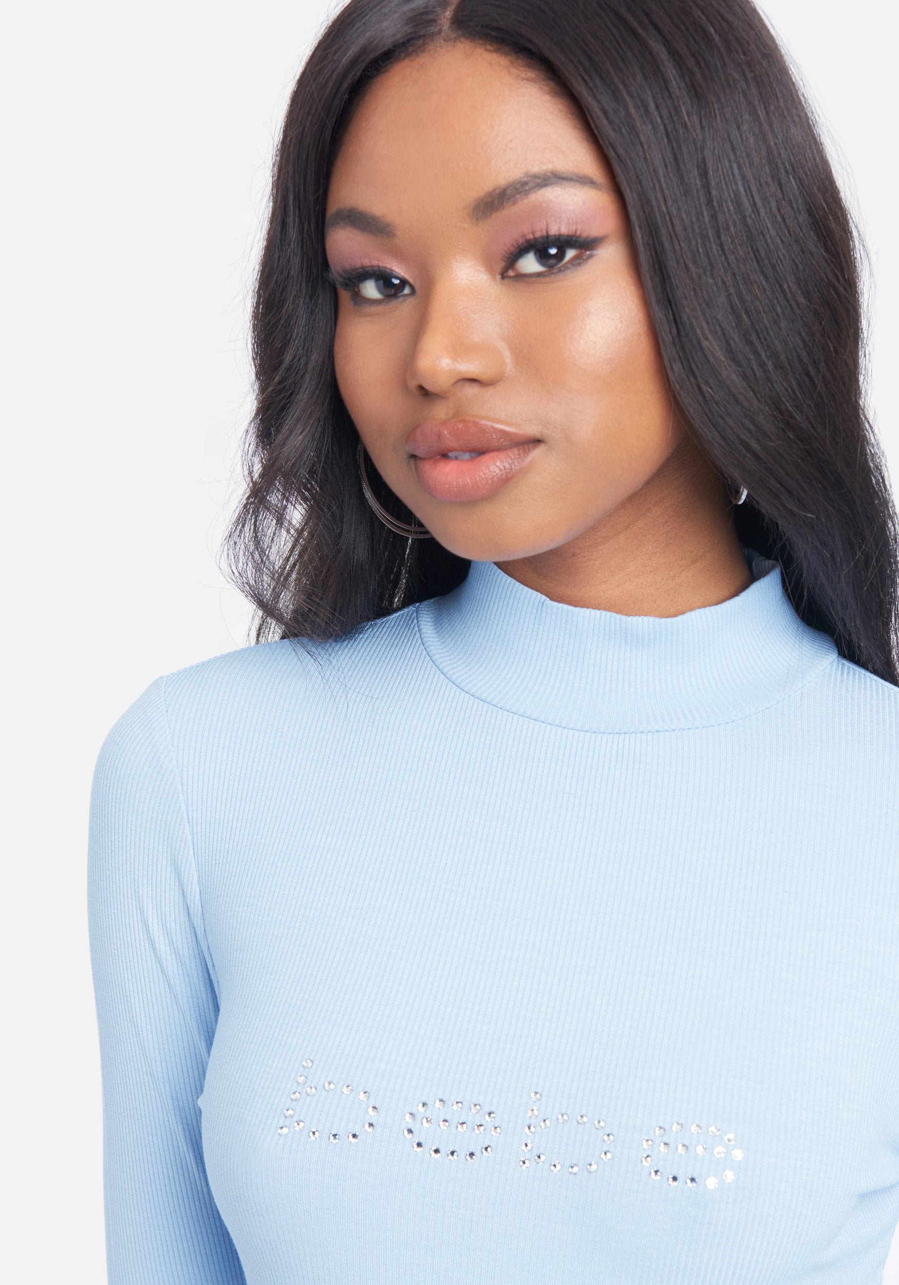 Crystal Logo Mock Neck 3/4 Sleeve Tee