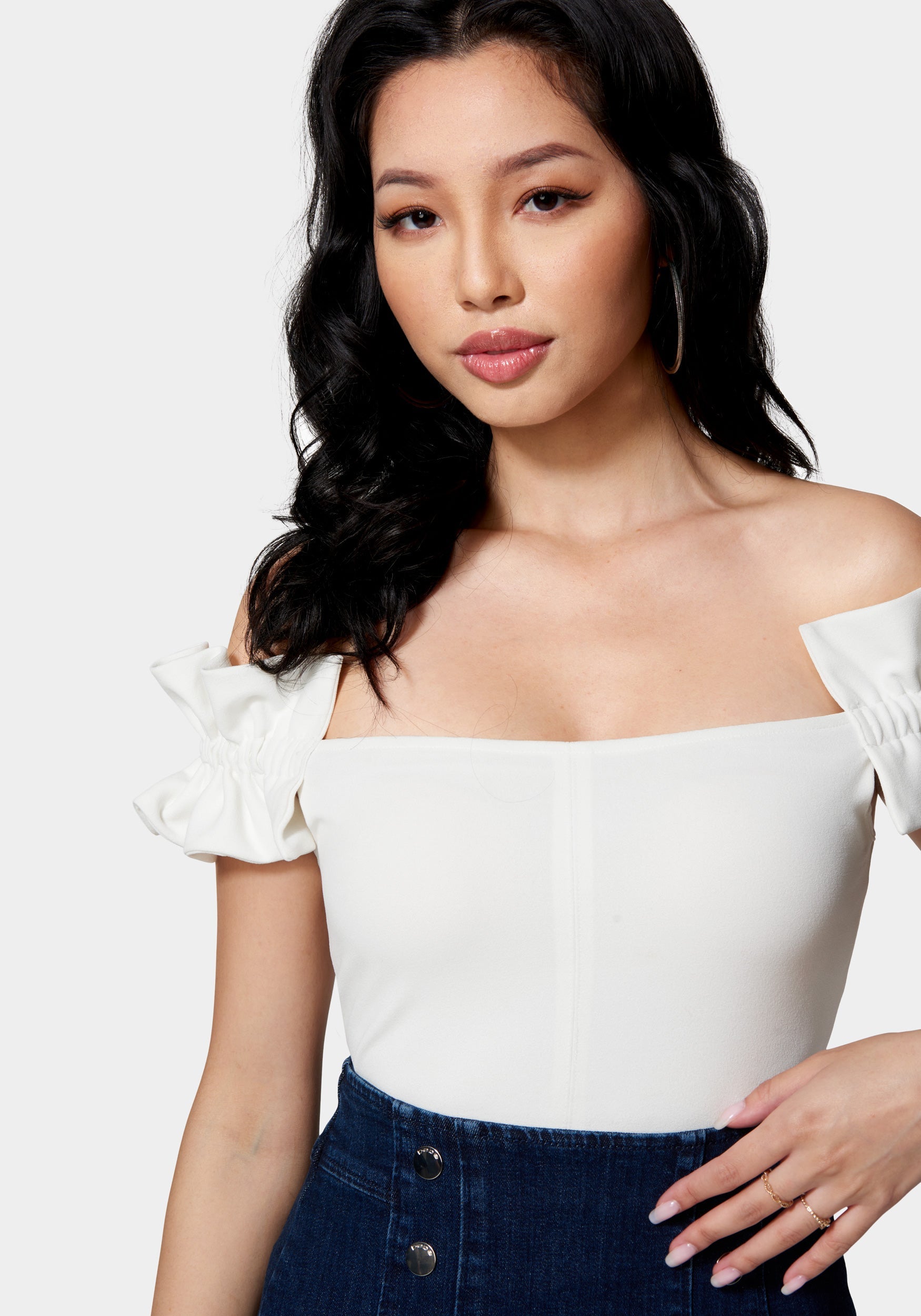 Knit Crepe Off Shoulder Ruffle Top