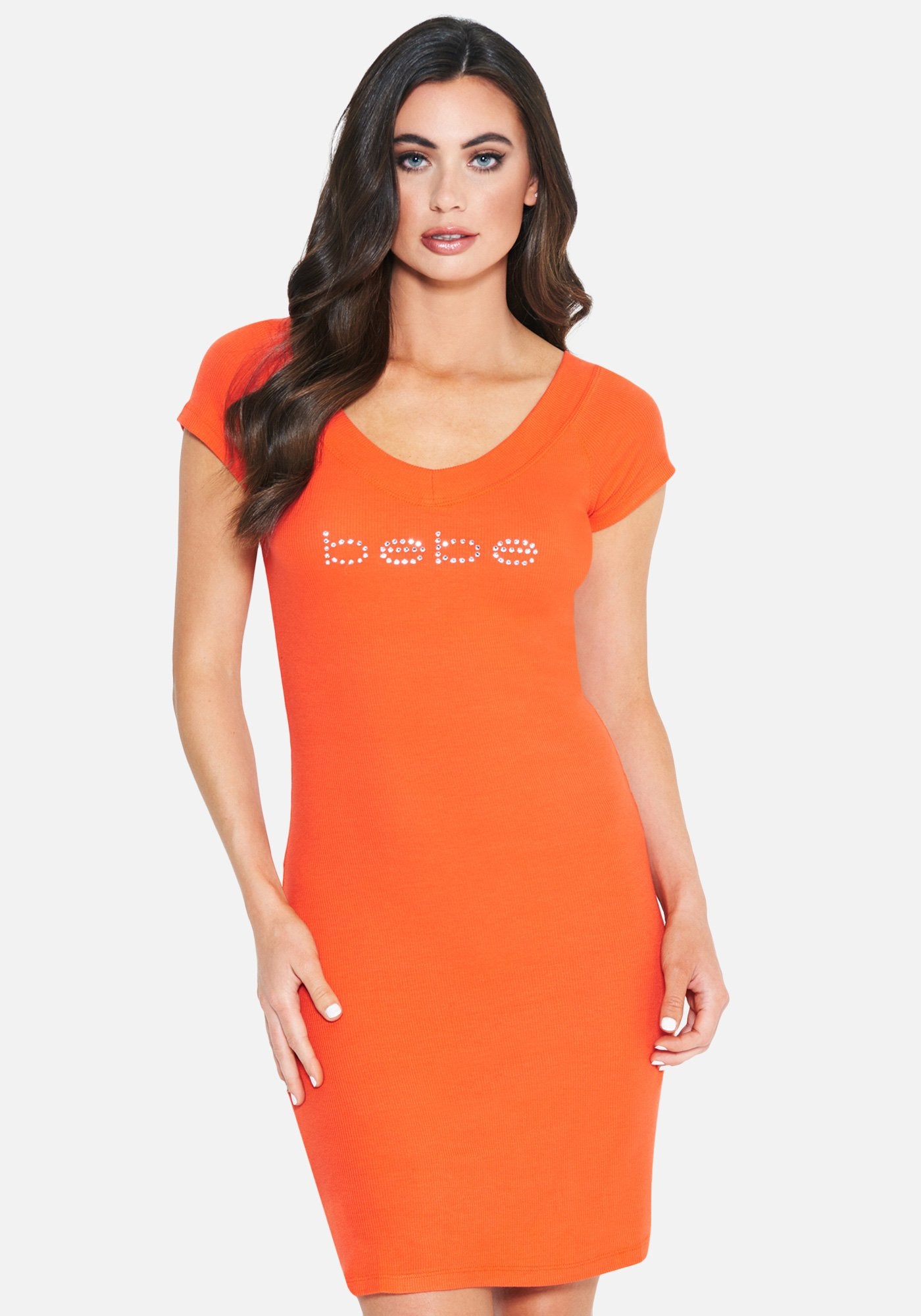 Crystal Logo Short Sleeve Double V-Neck Dress