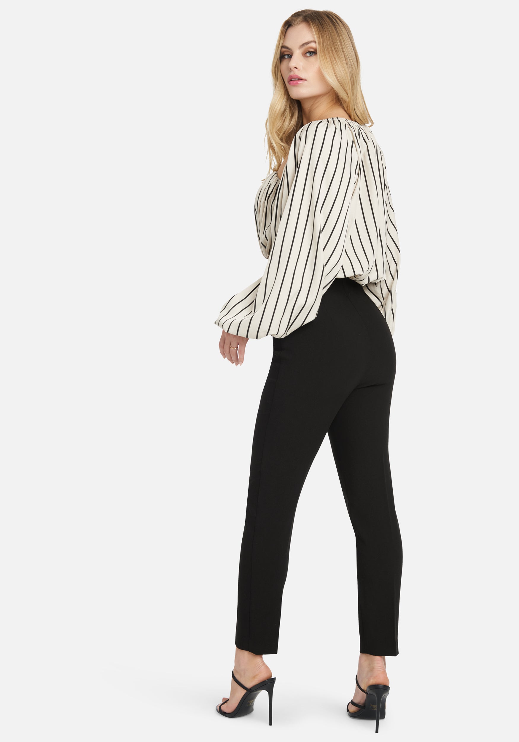 High Waist Multi Dart Woven Twill Slim Leg Pant