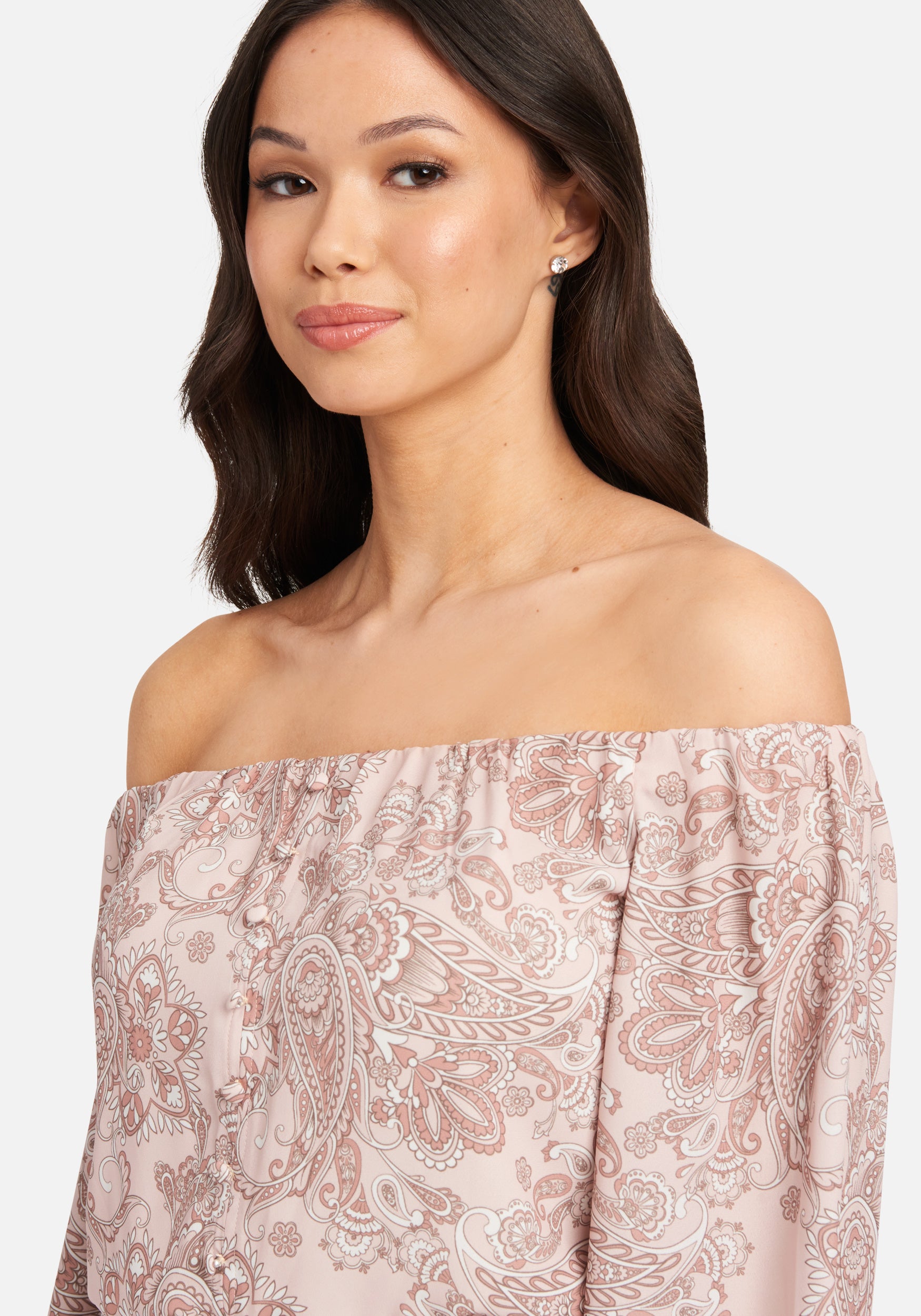 Off Shoulder Front Button Printed Crepe Bodysuit