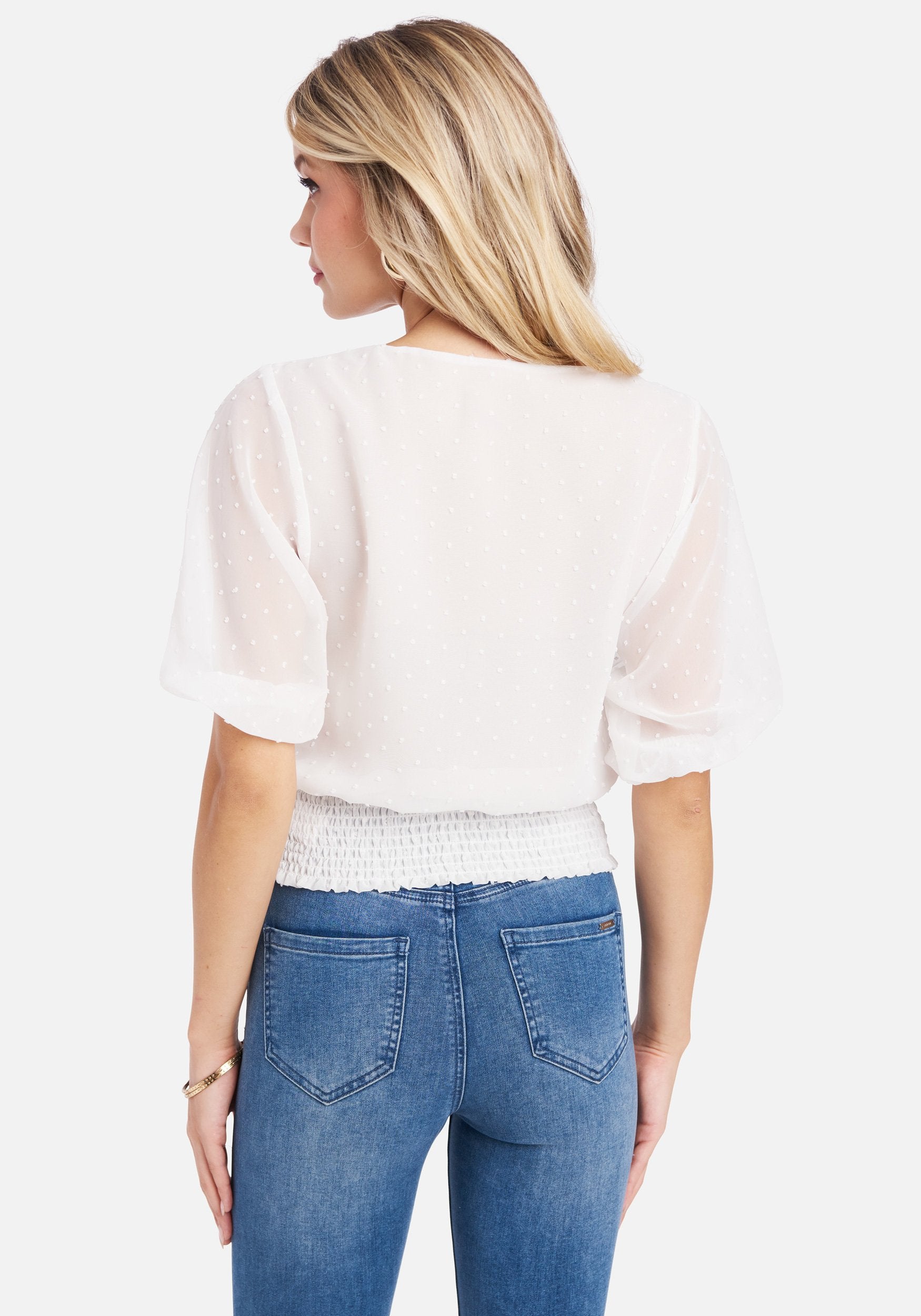 Swiss Dot Multi Button Smocked Hem Blouse