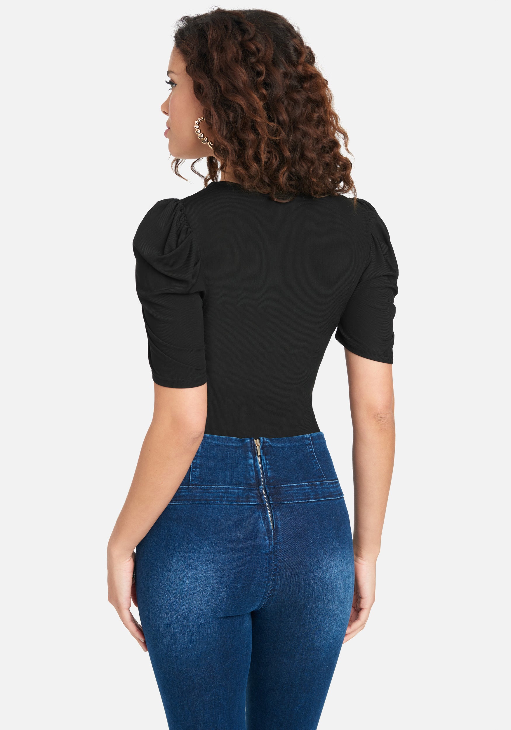 Rib Knit Ruched Sleeve Knit Top