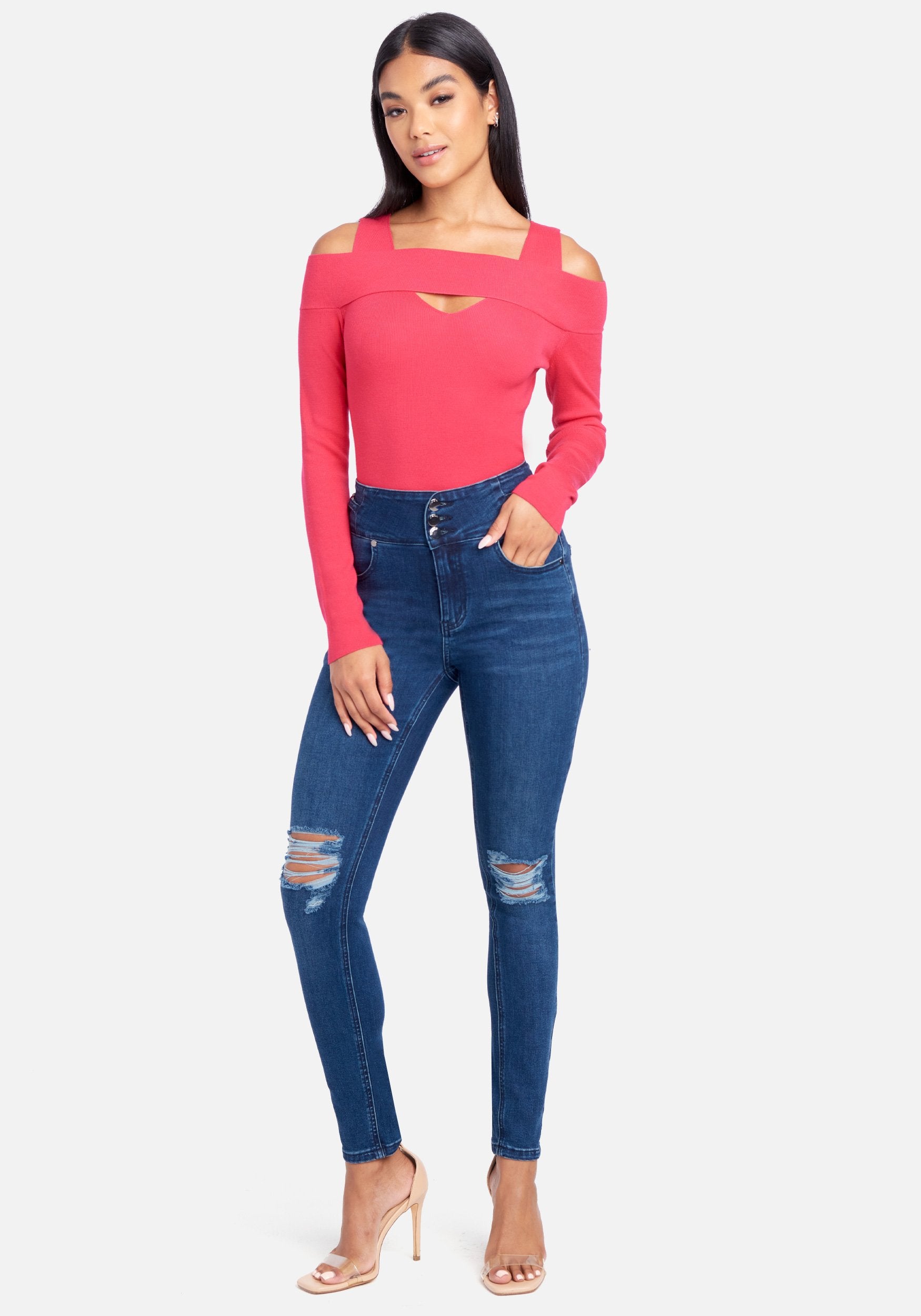 High Waist Side Buckle Detail Skinny Denim