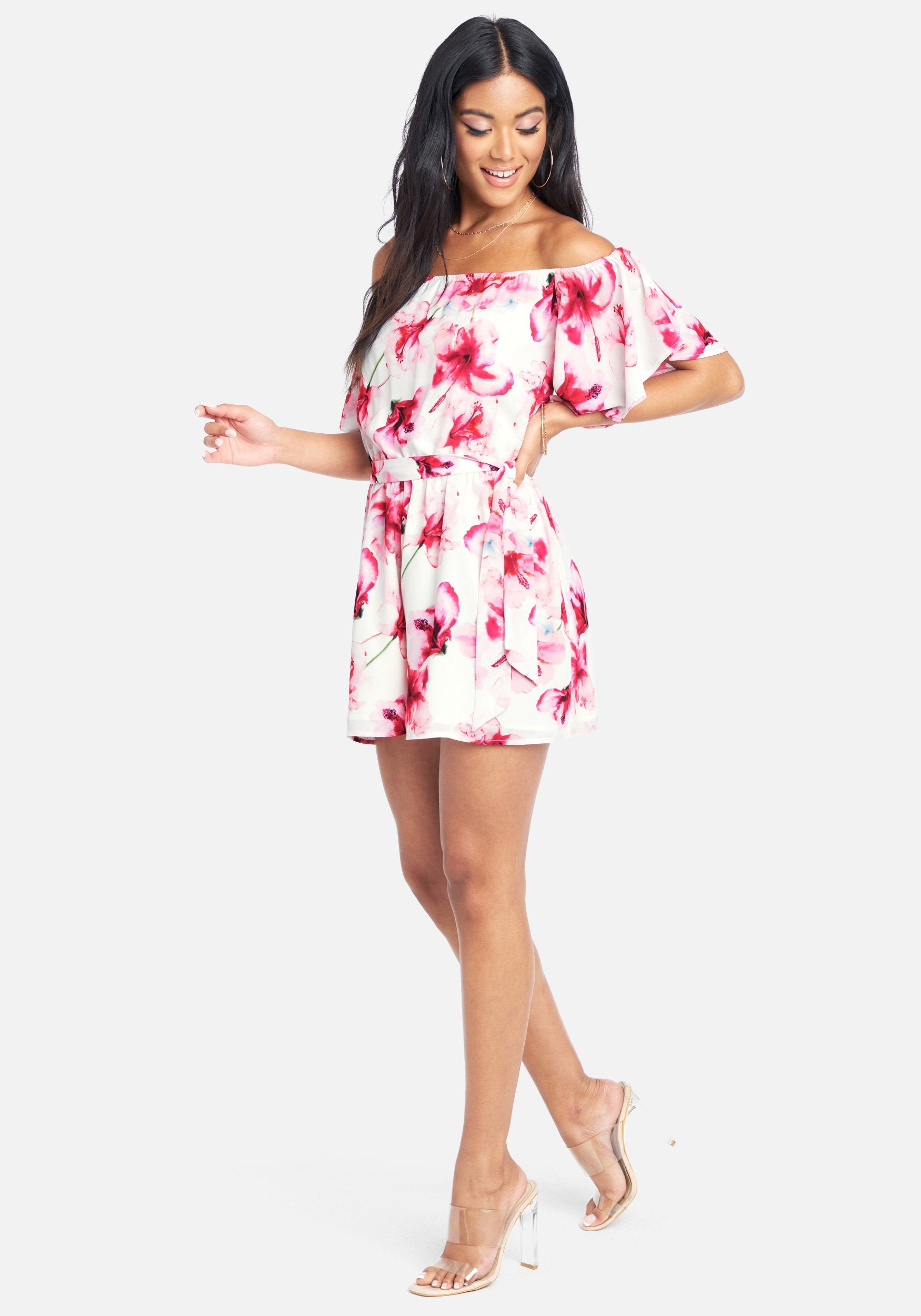 Off The Shoulder Floral Print Romper