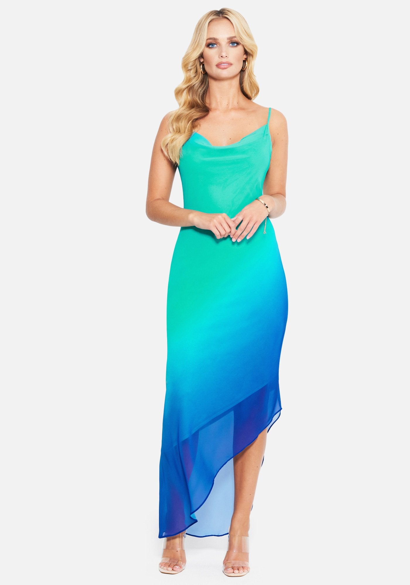 Cowl Neck Ombre Chiffon Asymmetrical Maxi