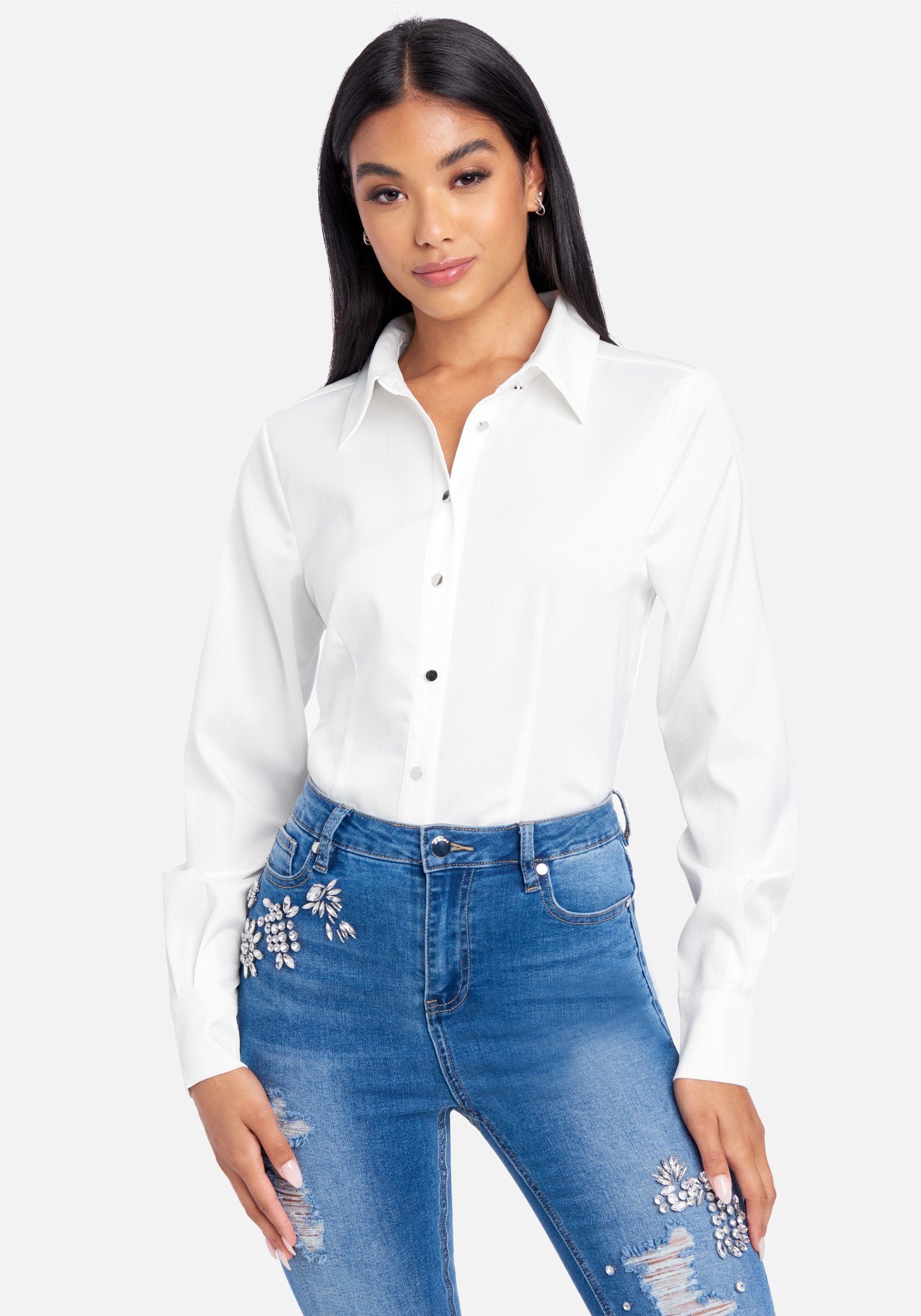 Hammered Satin Long Sleeve Button Down Blouse