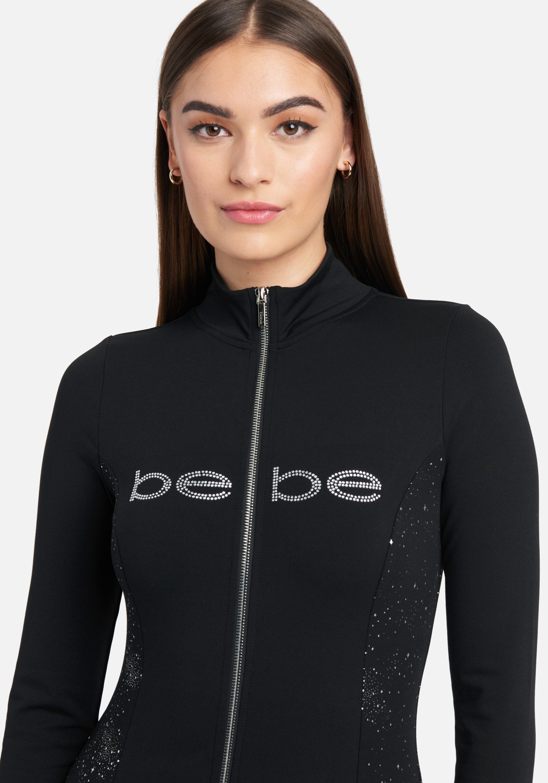 Bebe Logo Silver Speckle Print Zip Front Jacket