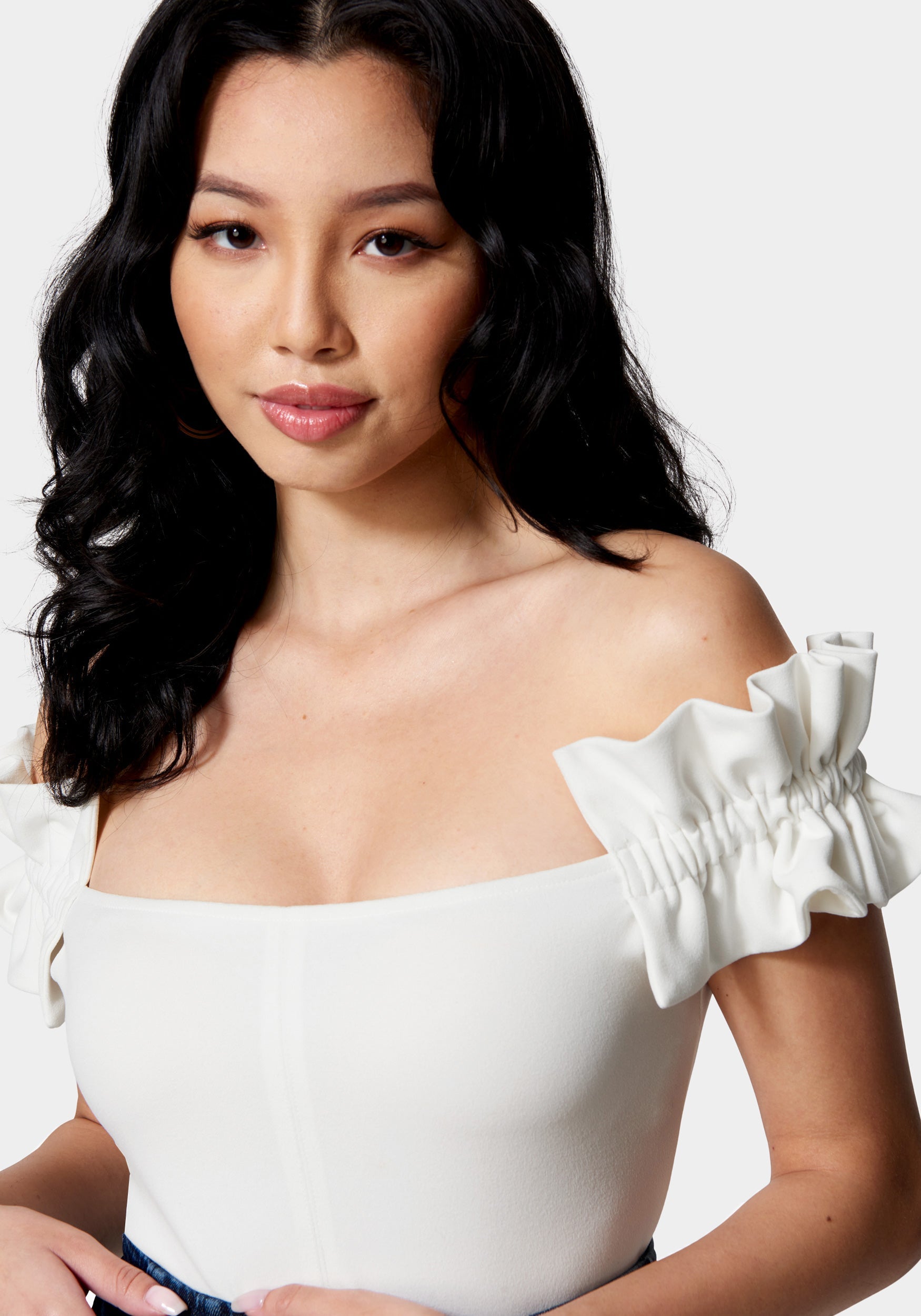 Knit Crepe Off Shoulder Ruffle Top