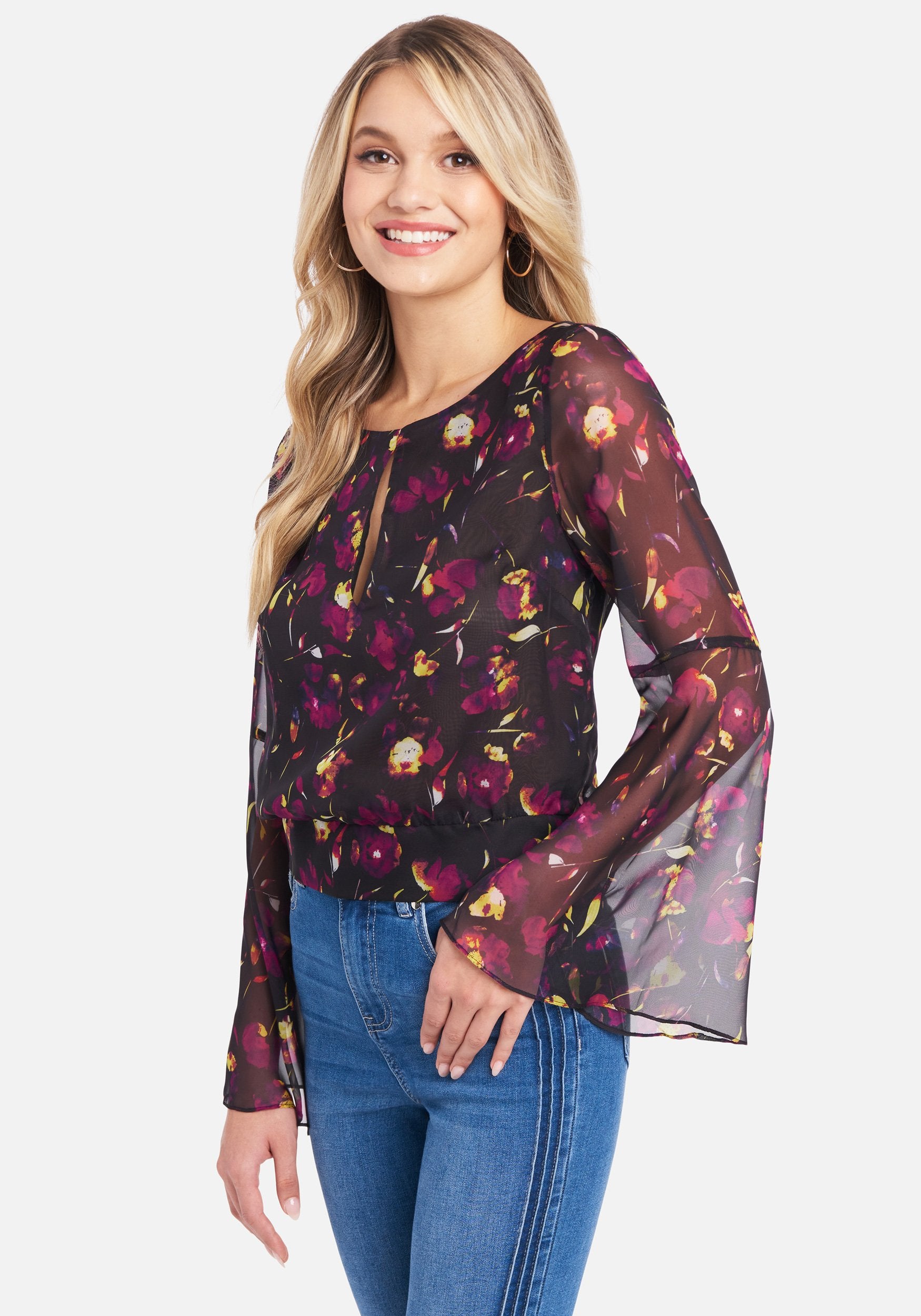 Bell Sleeve Chiffon Key Hole Blouse