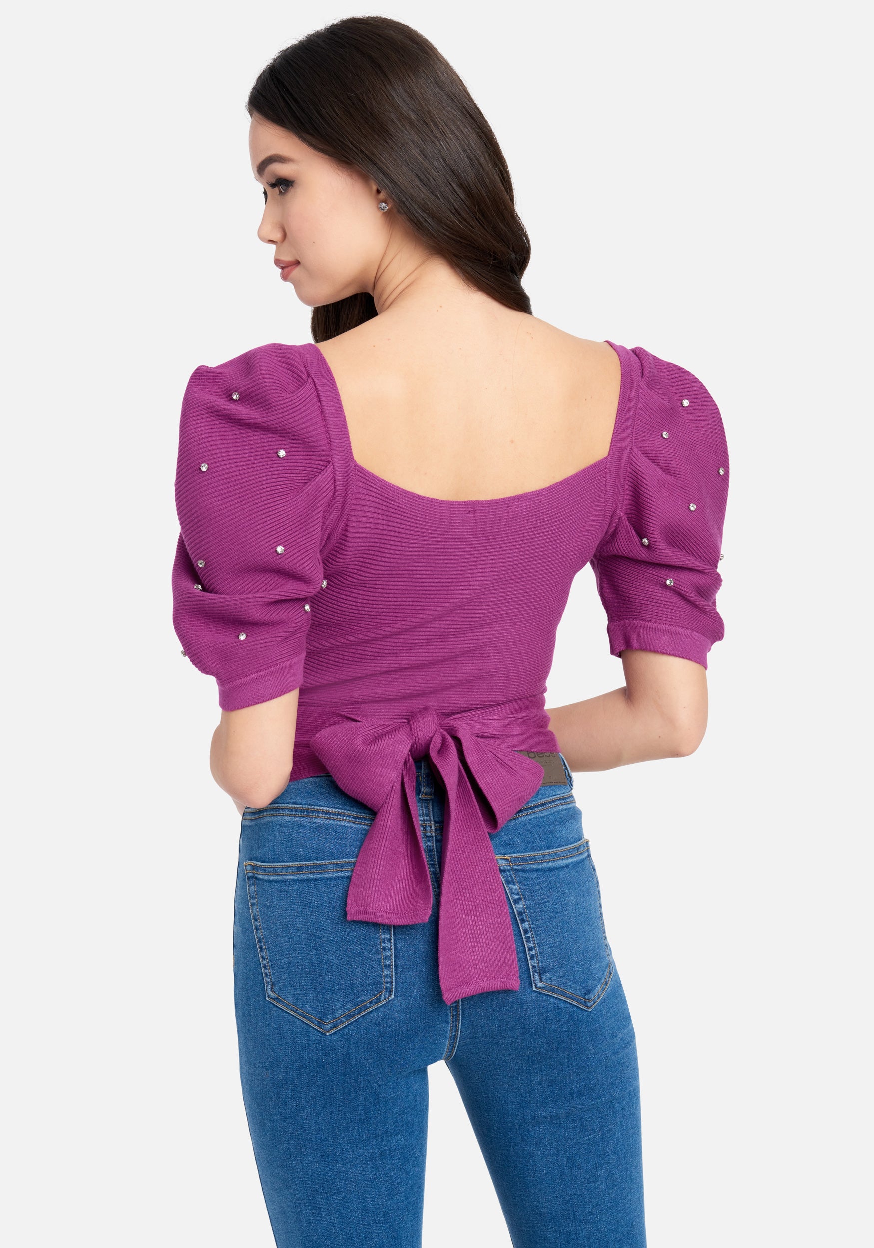 Puff Sleeve Pearl Detail Wrap Sweater