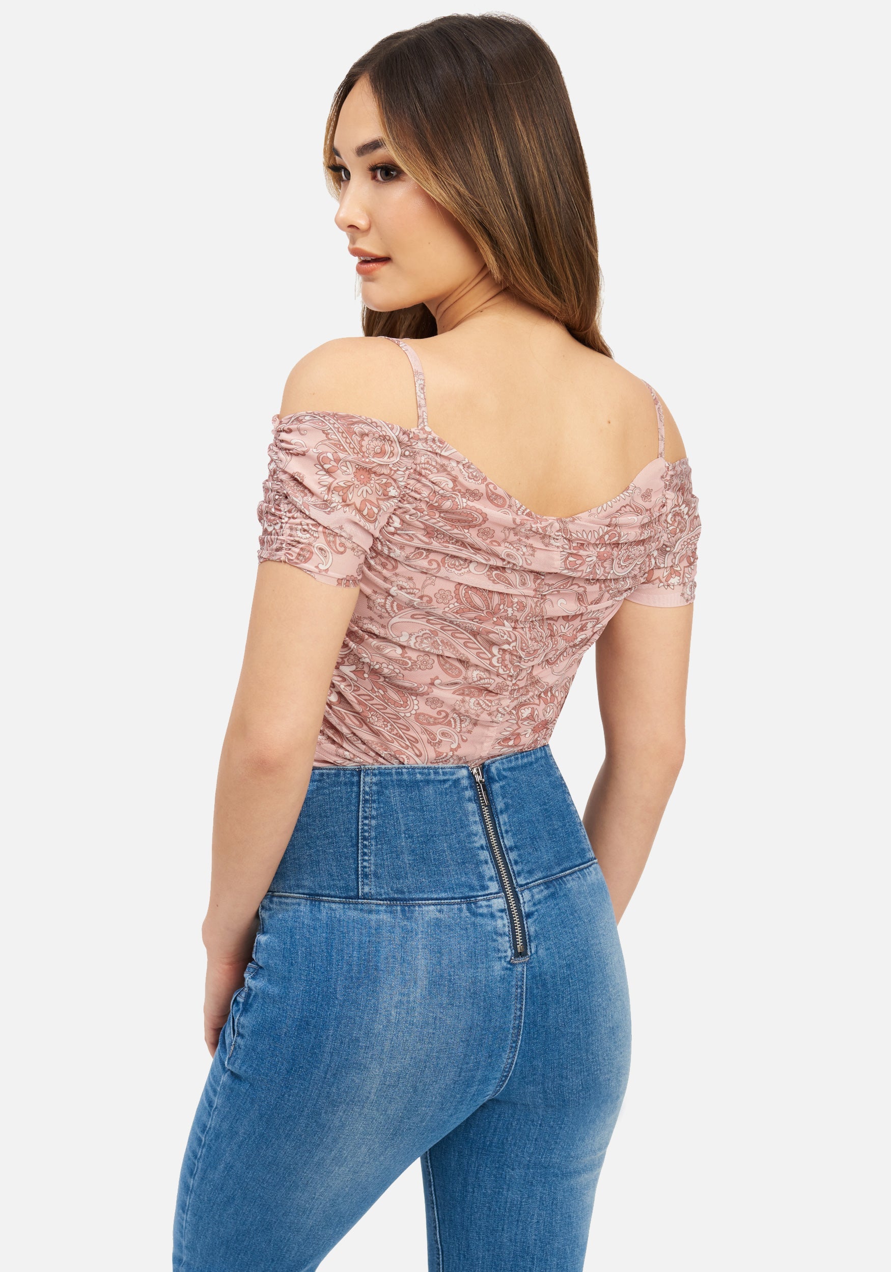 Ruched Cold Shoulder Printed Mesh Bodysuit