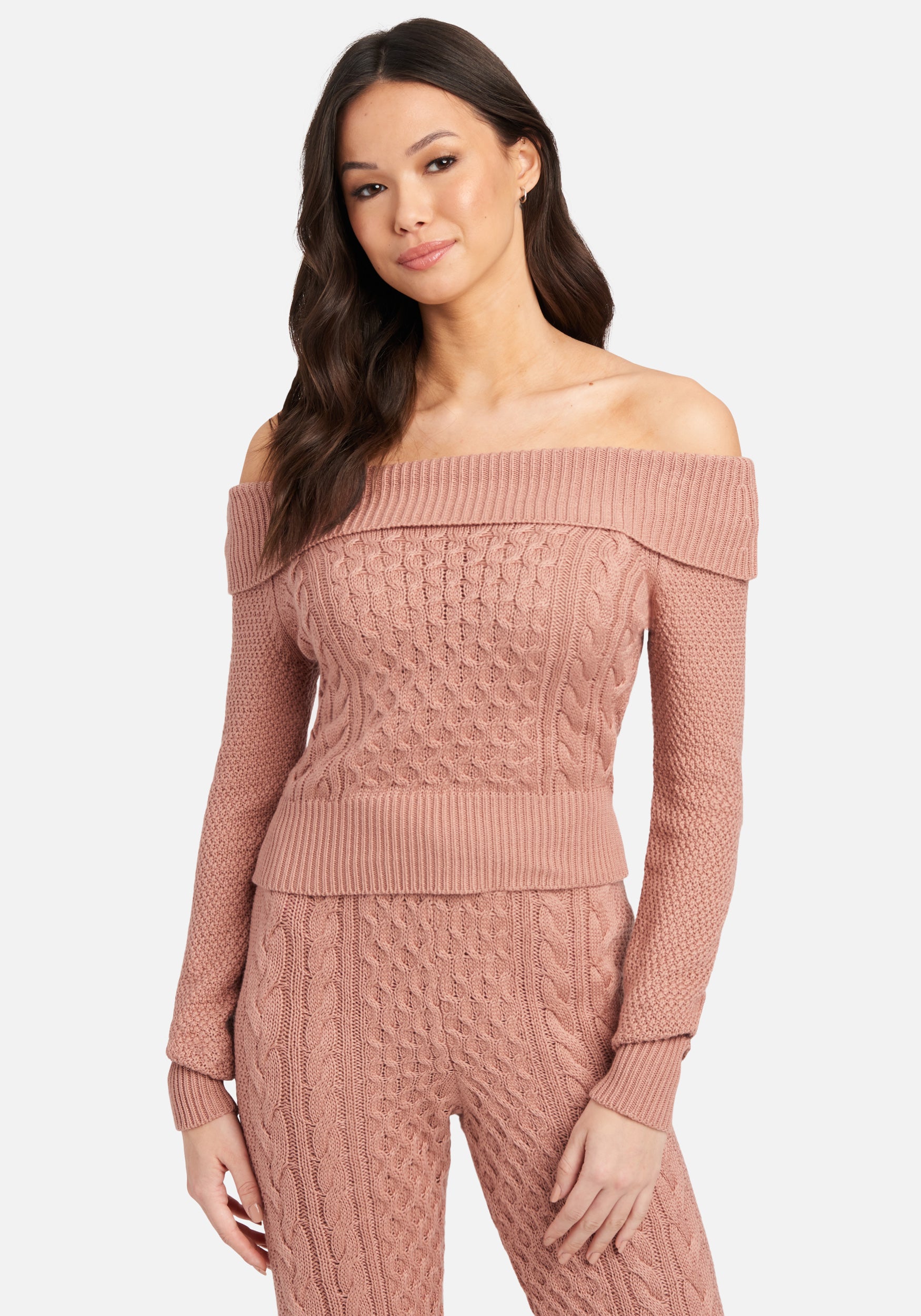 Off Shoulder Cable Knit Sweater Top