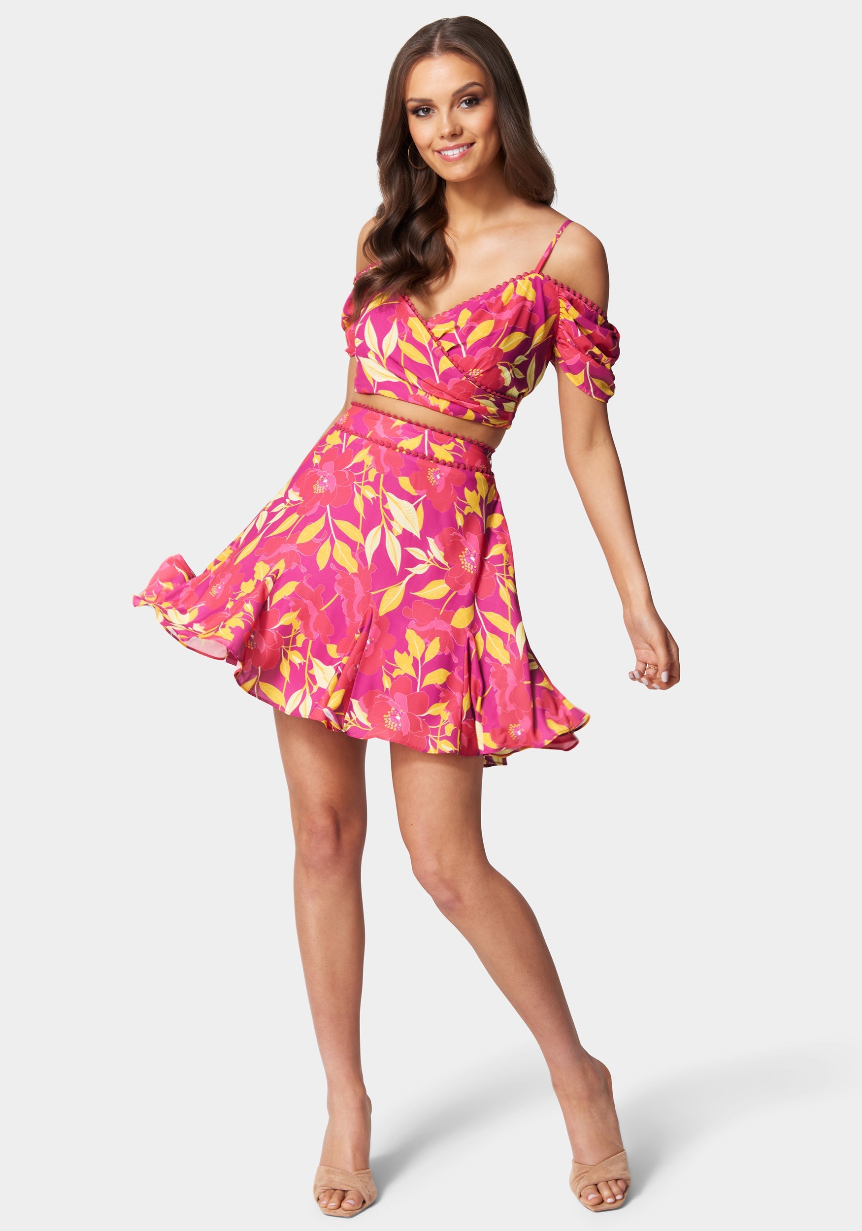 Waistband Trim Detail Printed Flowy Godet Skirt