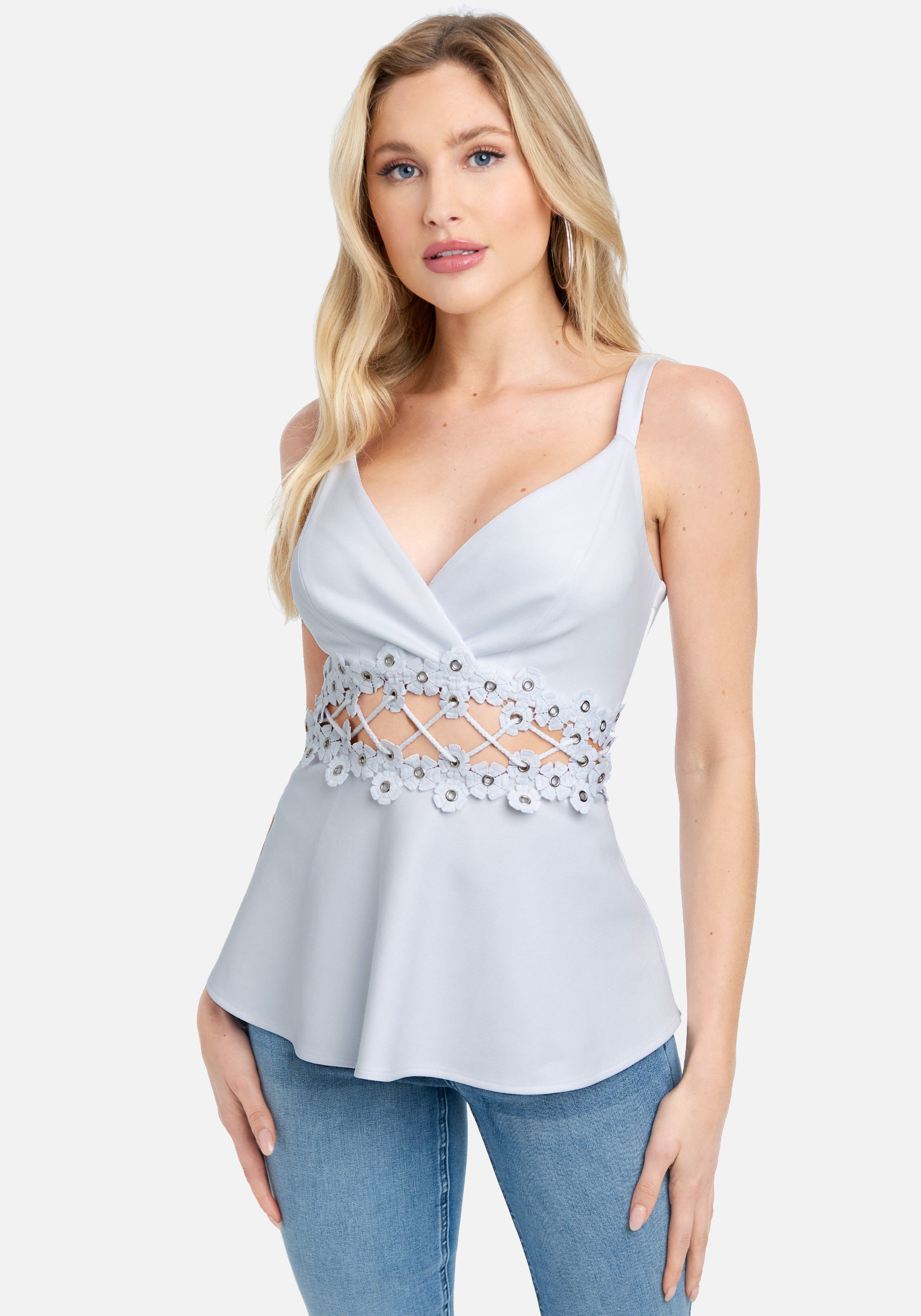 V Neck Waist Lace Detail Flowy Top