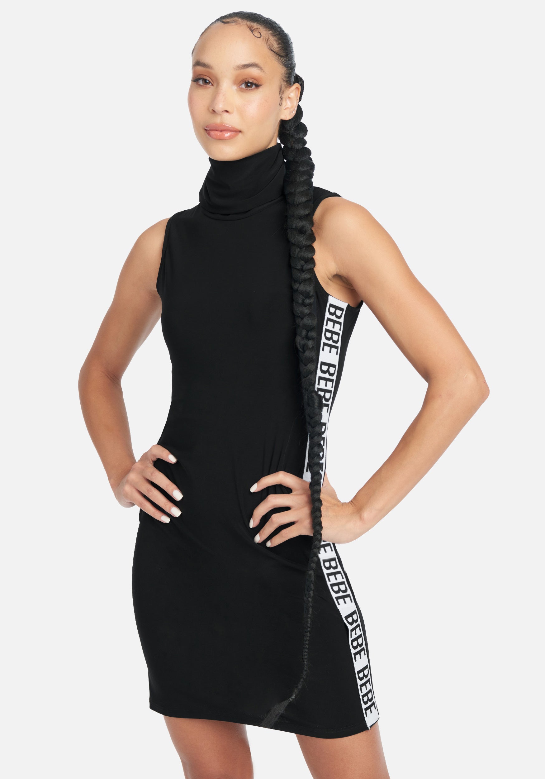Bebe Logo Sleeveless Mock Neck Dress