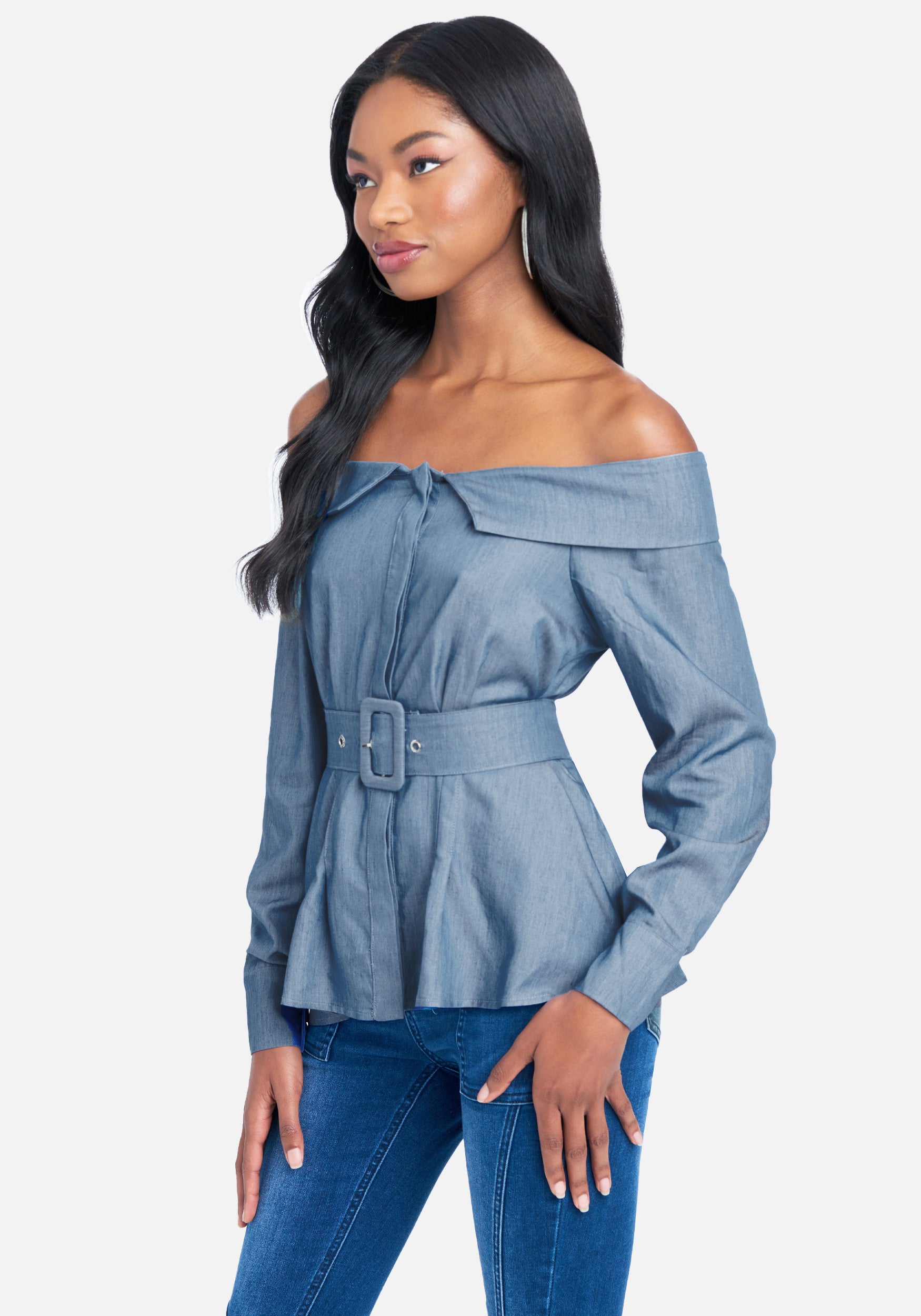 Belted Off The Shoulder Chambray Top