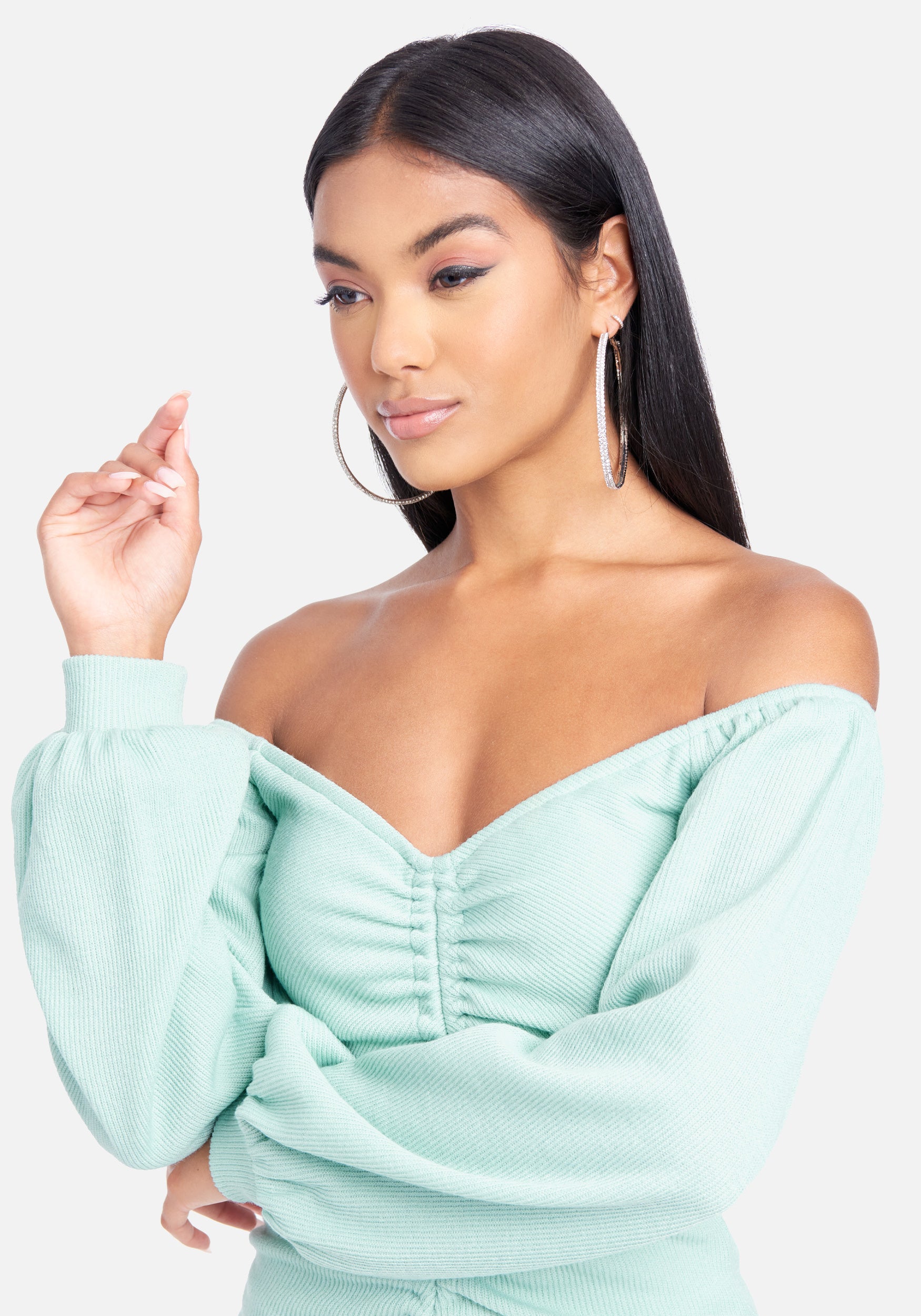 Off Shoulder Ruched Front Mini Dress