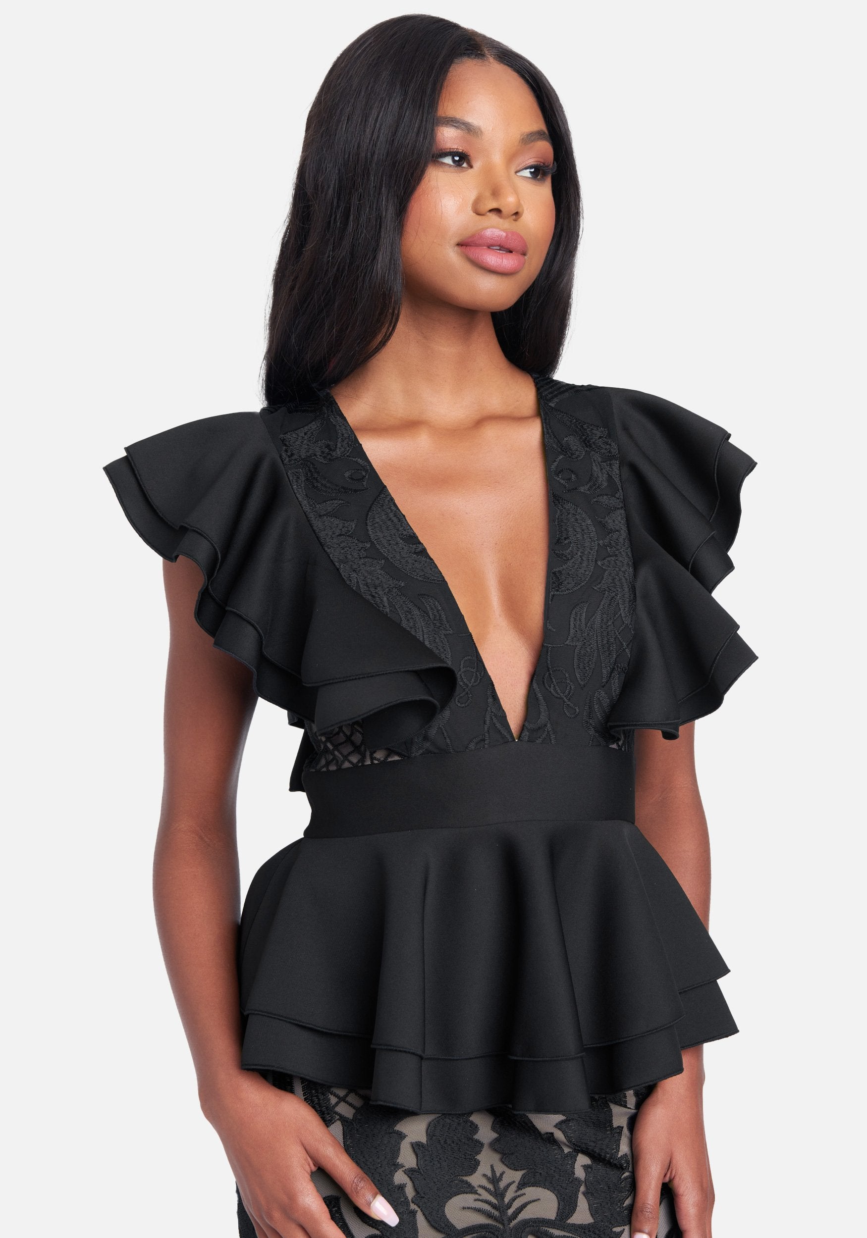 Ruffle Peplum Lace Pencil Dress